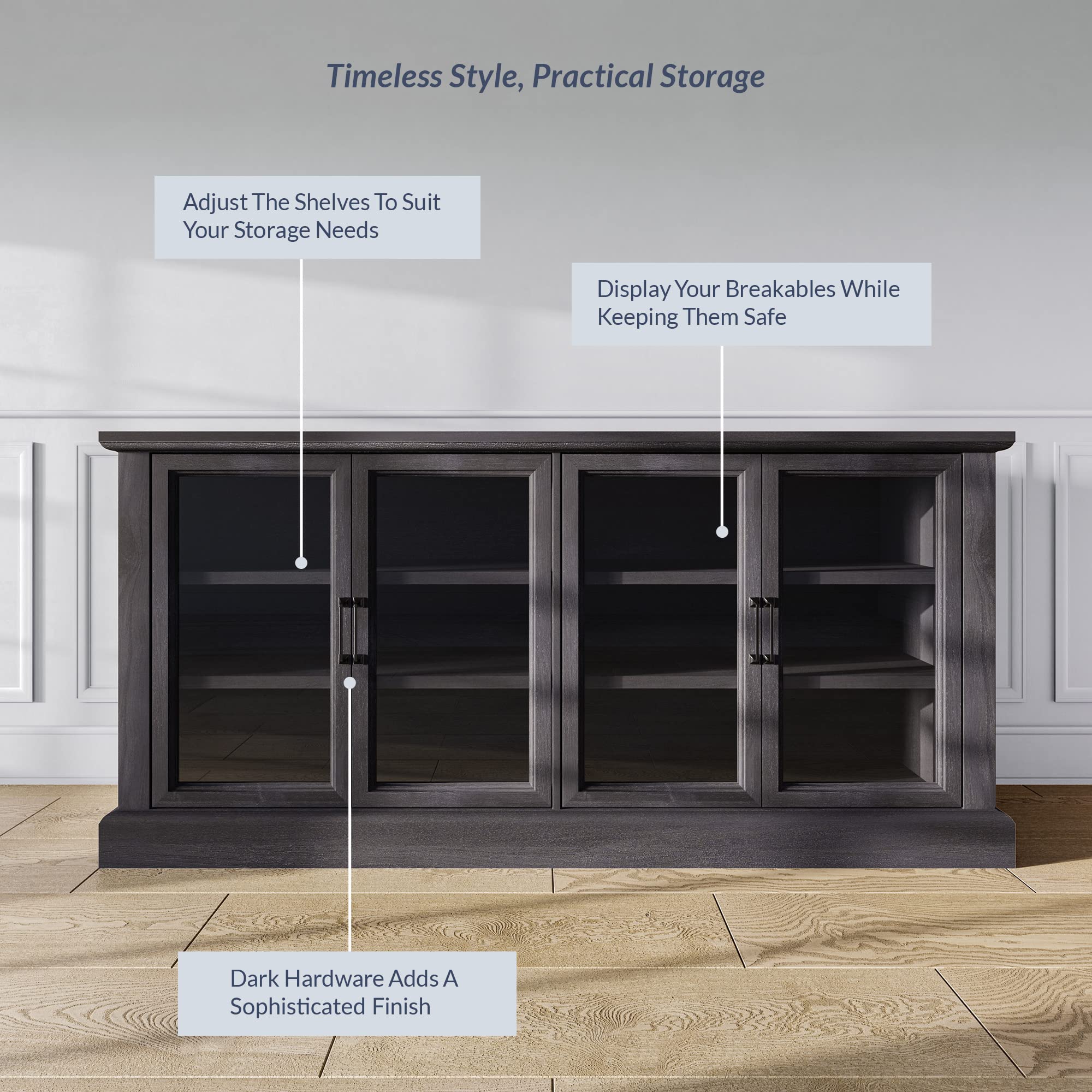 BELLEZE 70 Inch Rustic Gray Sideboard Buffet Cabinet with Glass Doors & Adjustable Shelves - Storage Entertainment Center for Living Room, Dining Room, Home Office | Perfect for Displaying Collectibles, Storing Tableware & Organizing Media Equipment