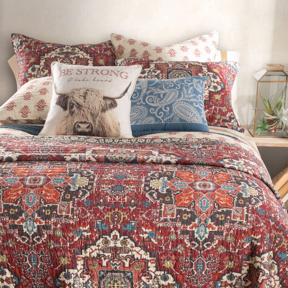Southwest Medallion Kilim Cotton Reversible Quilt - Red Blue Rust Gray Taupe - Full/Queen Size (88x92in) - Perfect for Bedroom, Guest Room & Southwestern Home Decor