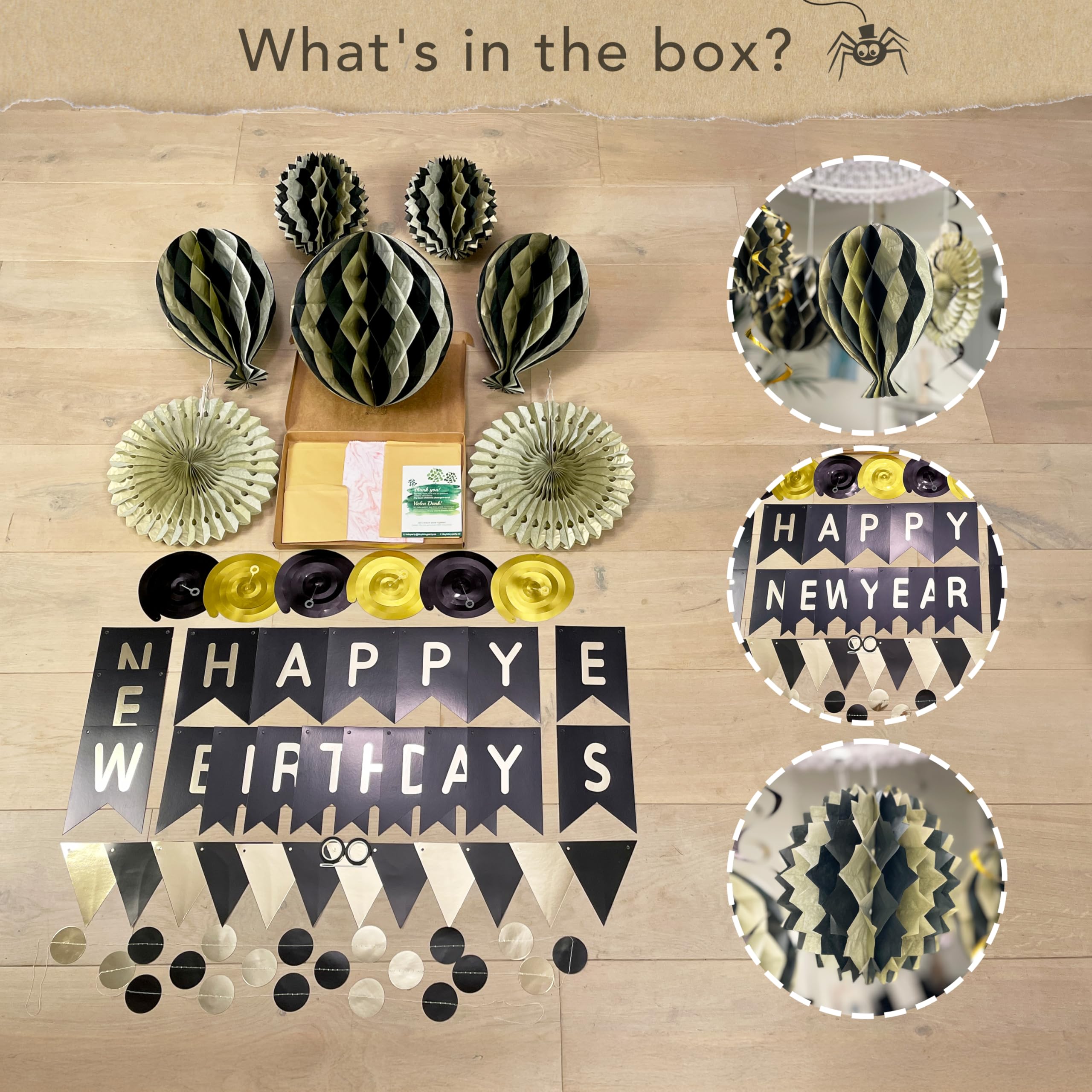 Premium Reusable Black & Gold Happy Birthday Decorations Set - Elegant Birthday Banner, Honeycomb Balls & Streamers for Women & Men | Perfect for Adult Parties, Milestone Celebrations & Anniversary Decor