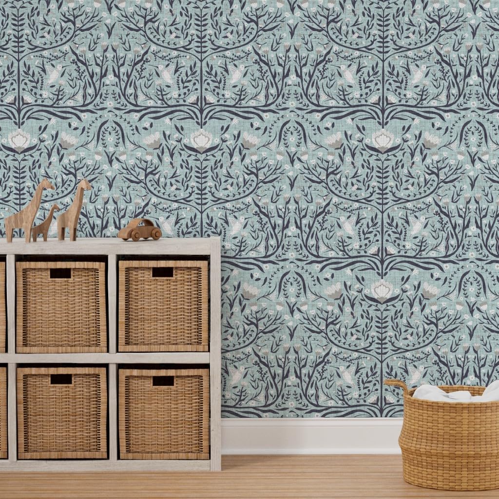 Peel & Stick Wallpaper 9ft x 2ft - Folk Art Design with Bees, Birds & Flowers | Gender Neutral Nursery Decor | Removable Custom Wallpaper by Spoonflower | Perfect for Kids' Rooms, Playrooms & Nursery Walls