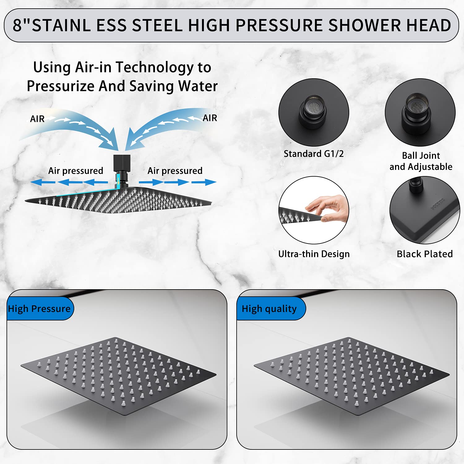 GGStudy Single Function Shower Trim Kit with Rough-in Valve - 8 Inch Square Stainless Steel Rainfall Shower System with Tub Faucet - Matte Black Finish for Modern Bathrooms - Perfect for Spa-Like Showers and Relaxing Baths