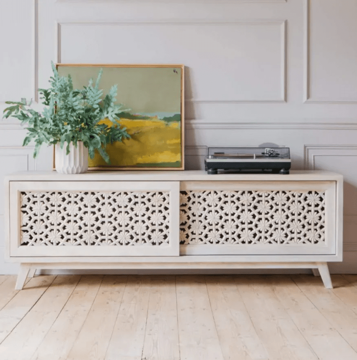 Hand Carved Solid Wood TV Stand Console - White Media Entertainment Unit for Living Room & Home Theater