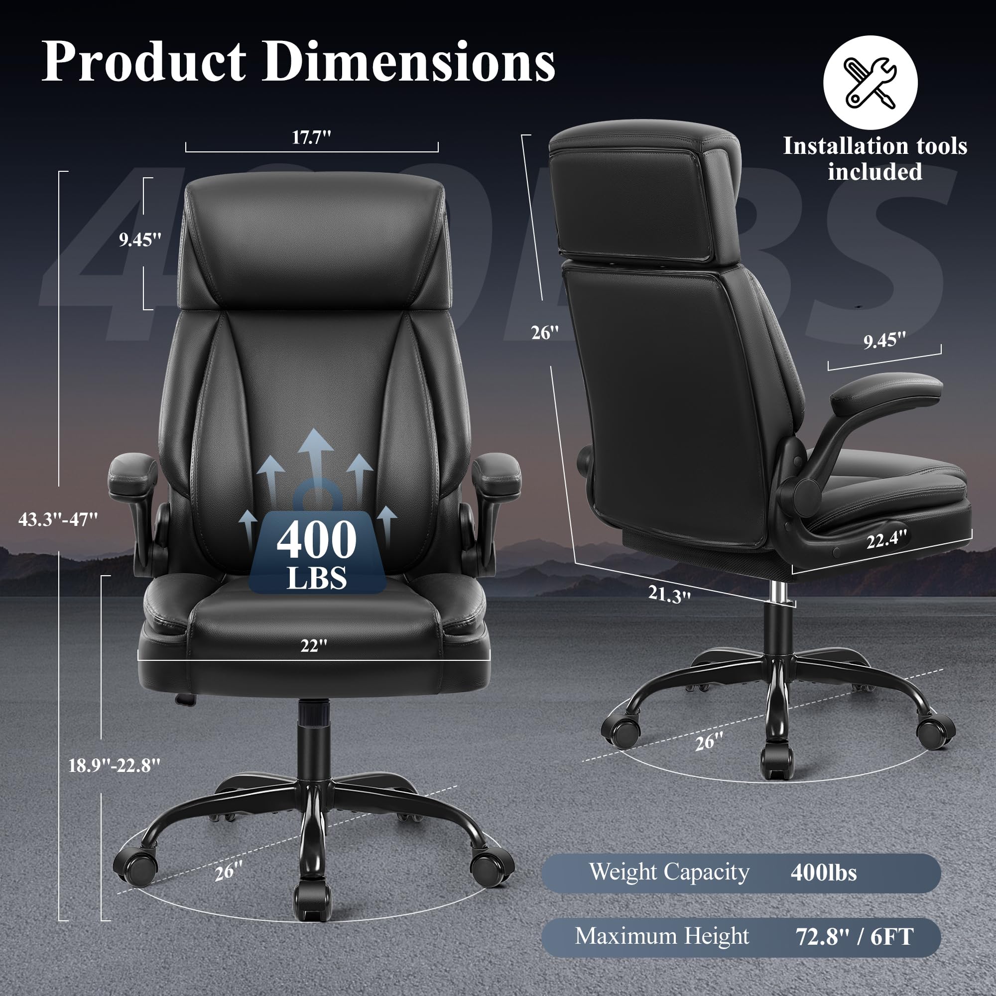 Premium Big and Tall Executive Office Chair - Ergonomic High Back Leather Desk Chair with Adjustable Lumbar Support, Flip-Up Armrests & Headrest - Perfect for Home Office, Gaming & Professional Workspaces