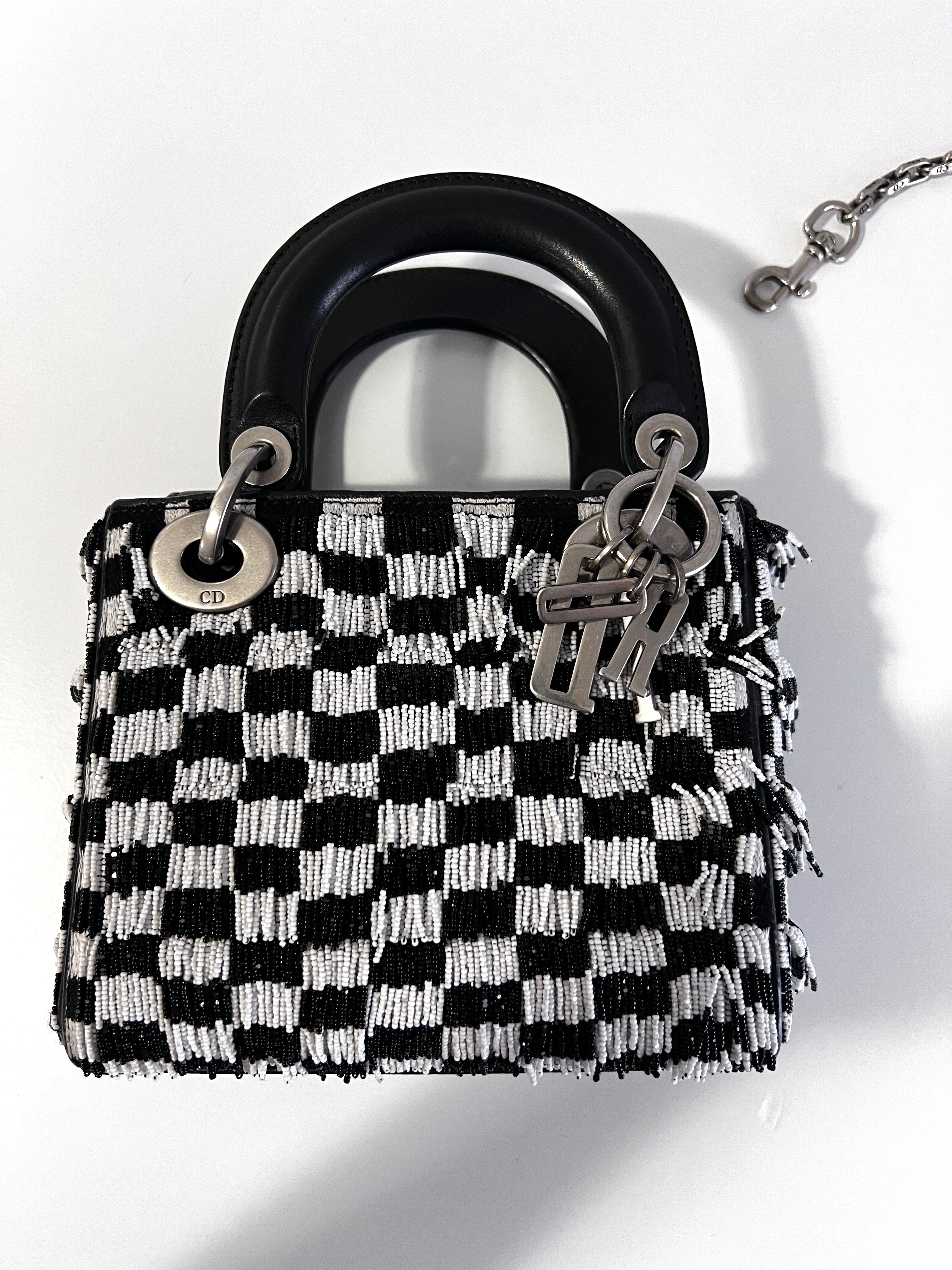 Dior Fringe Beaded Black & White Plaid Lady Dior Bag - Luxury Handbag for Women, Perfect for Parties, Weddings & Evening Events