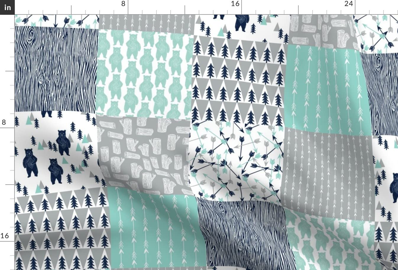 Forest Bear Quilt Navy Mint Grey Printed Velvet Fabric by Spoonflower - Upholstery, Home Decor & Apparel Material - Perfect for Kids Nursery, Boys Room & DIY Quilting Projects