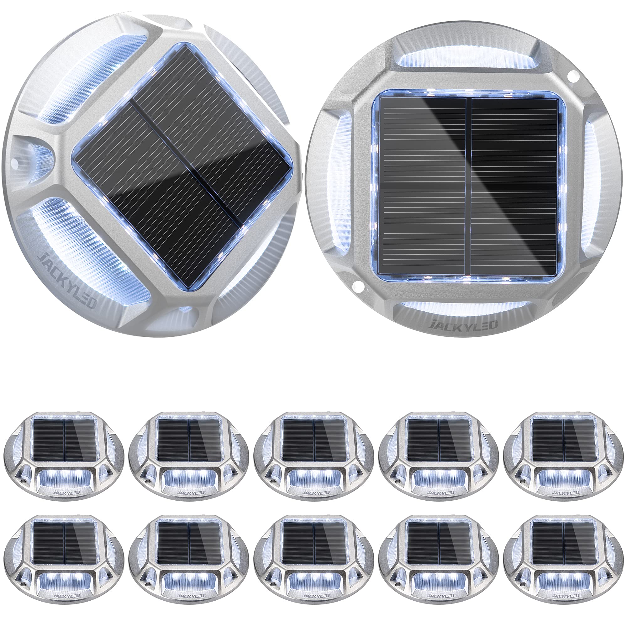 JACKYLED 12-Pack Solar Driveway Marker Lights - Outdoor Waterproof 12 LED Solar Powered Lights for Boat Dock, Deck, Garden, Walkway, Stairs - IP68 Waterproof Road Studs (Cool White) | Perfect for Pathway Lighting, Landscape Accents & Nighttime Safety