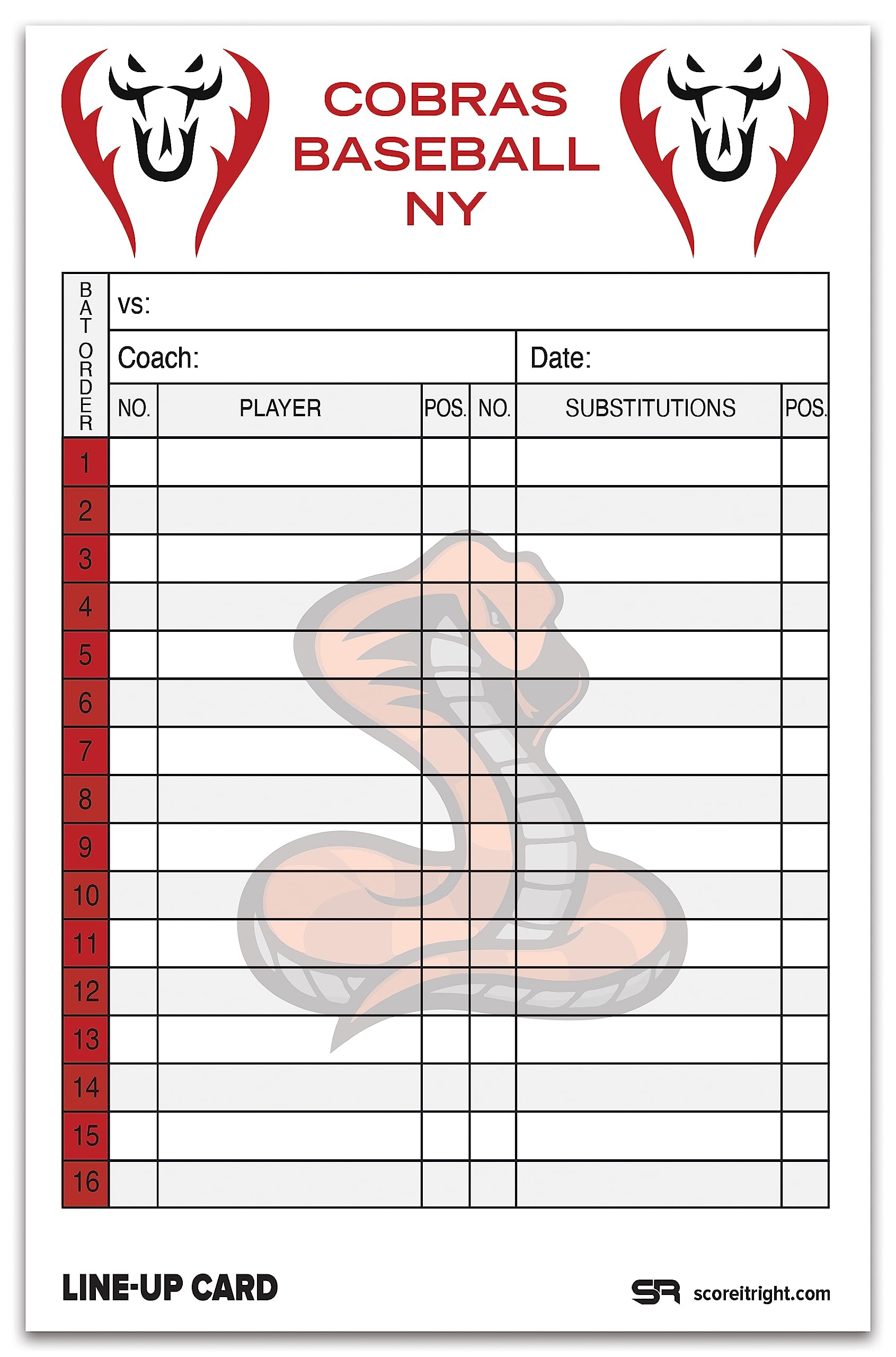 Custom Baseball & Softball Lineup Cards - 32-Pack Carbonless 4-Part Forms (5.5