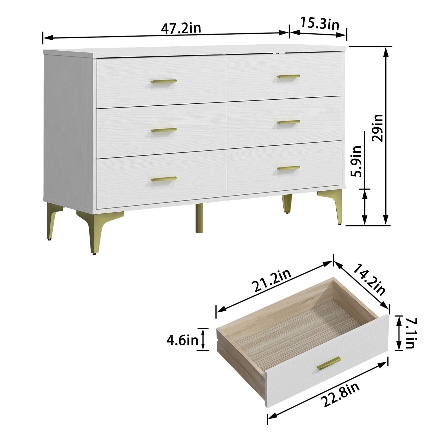 Modern 6-Drawer Wooden Dresser - Solid Wood Lateral Chest of Drawers with Wide Storage Drawers & Gold Metal Handles for Bedroom, Living Room, Hallway | Perfect for Closet Organization, Home Decor & Entryway Storage