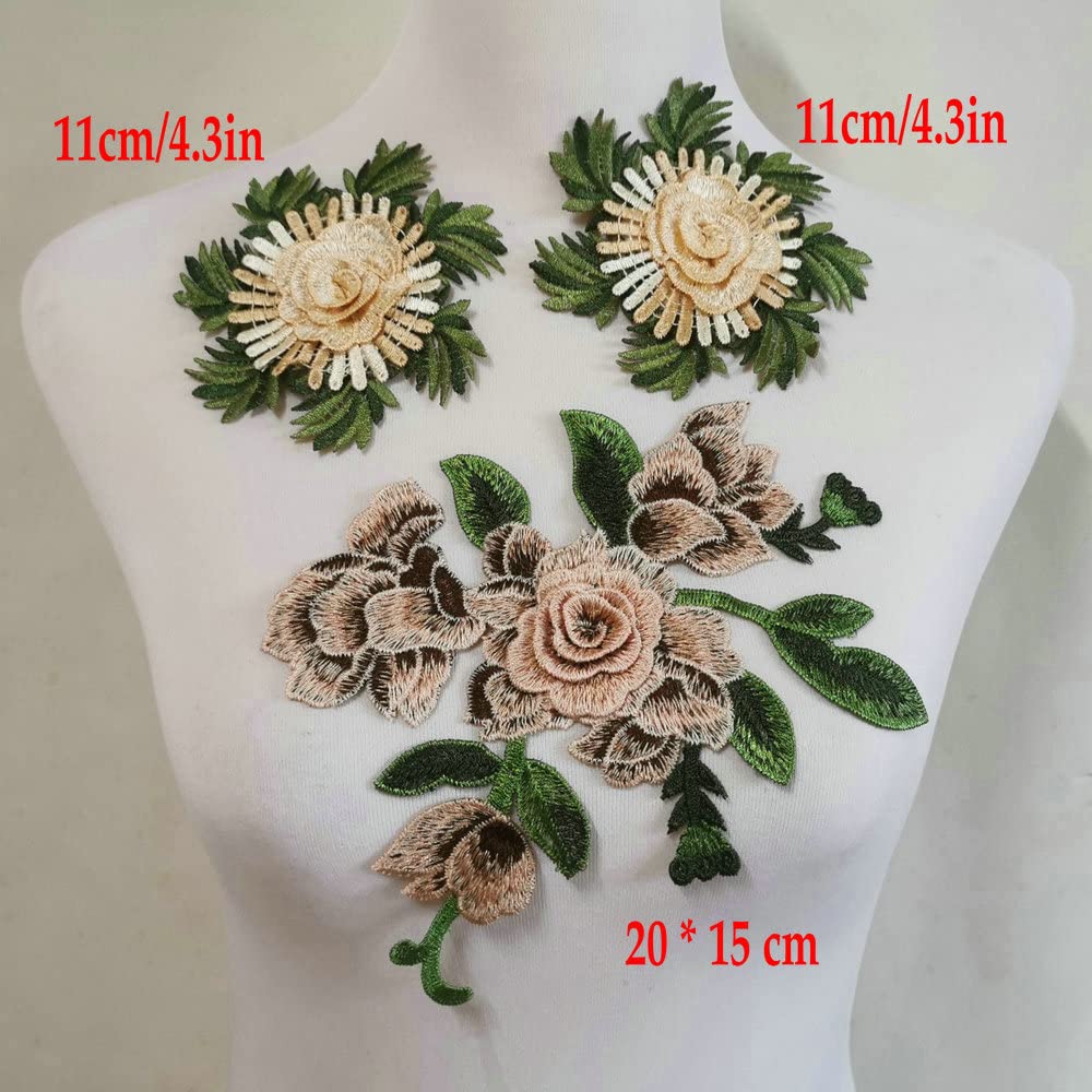 3D Hollow Out Embroidery Applique Flower Patch - Light Brown Sewing Lace for DIY Clothing, Dresses, Jackets & Costume Design - Perfect for Bridal, Vintage Fashion & Craft Projects
