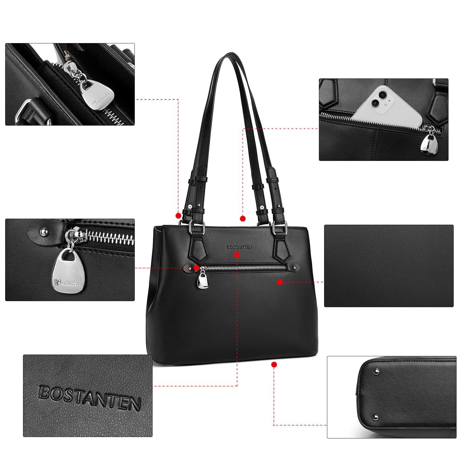 BOSTANTEN Women's Leather Handbag - Soft Designer Shoulder Bag with Top Handle for Work, Travel & Everyday Use
