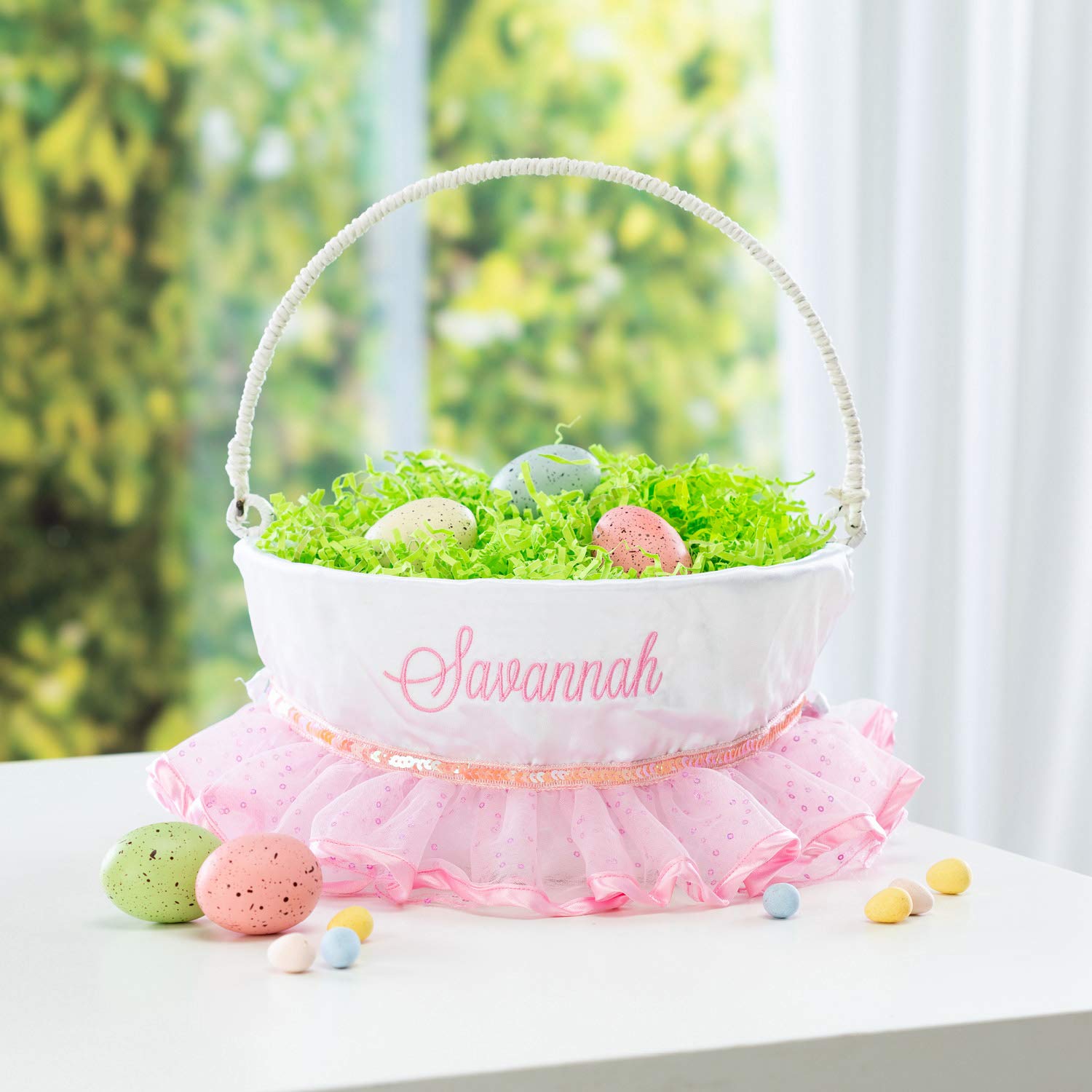 Personalized Easter Basket for Kids with Handle & Custom Name - Pink Tutu Basket Liner & White Woven Design | Custom Easter Gift for Egg Hunts, Party Favors & Spring Celebrations