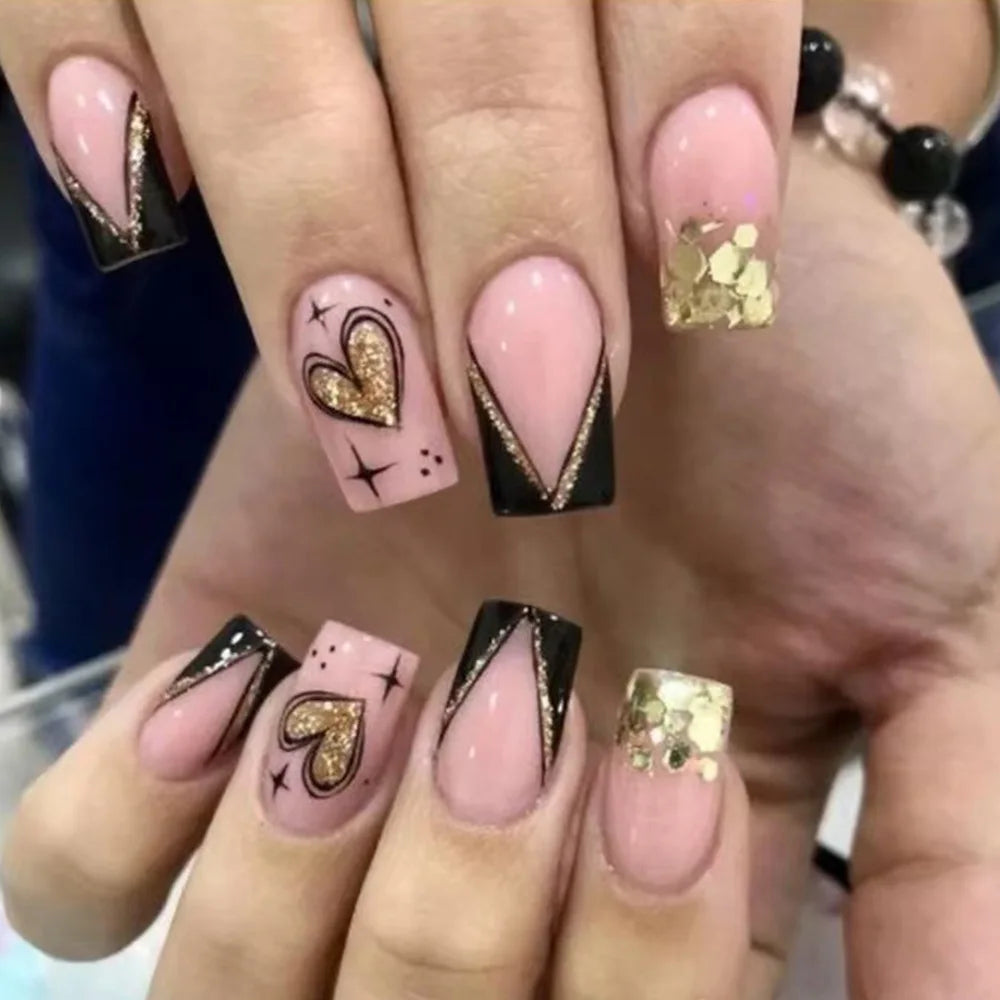 24Pcs Medium Length Press-On Nails - Black & White Valentine's Glitter French Tips with Love Stripes | False Nails for Women | Perfect for Parties, Dates & Special Occasions