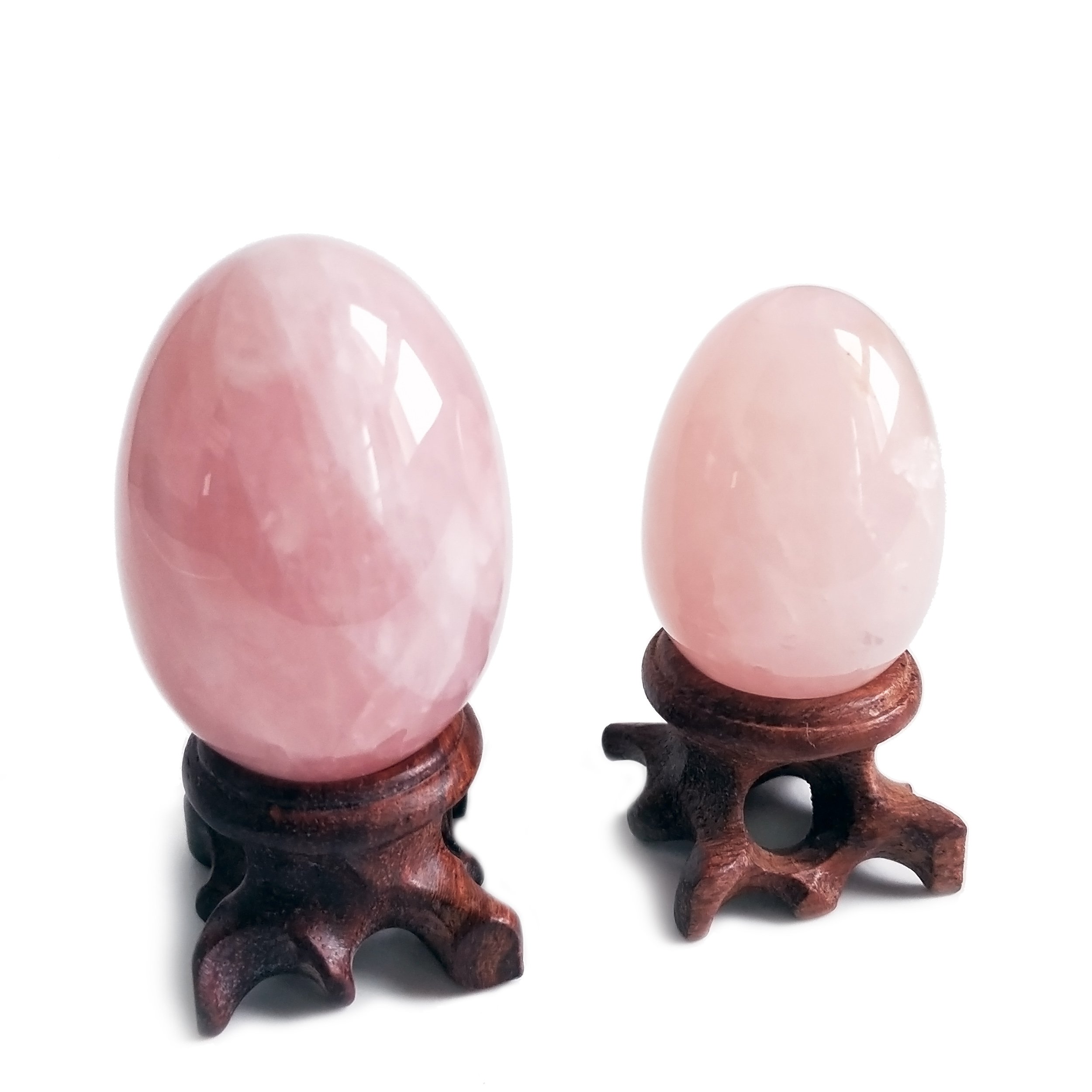 Polar Jade Set of 2 Rose Quartz Gemstone Egg Spheres with Wooden Stand - Natural Healing Stones for Meditation, Chakra Balancing, Stress Relief & Home Decor (L & M Sizes) - Perfect for Yoga Studios, Spiritual Gifts & Feng Shui Decorations