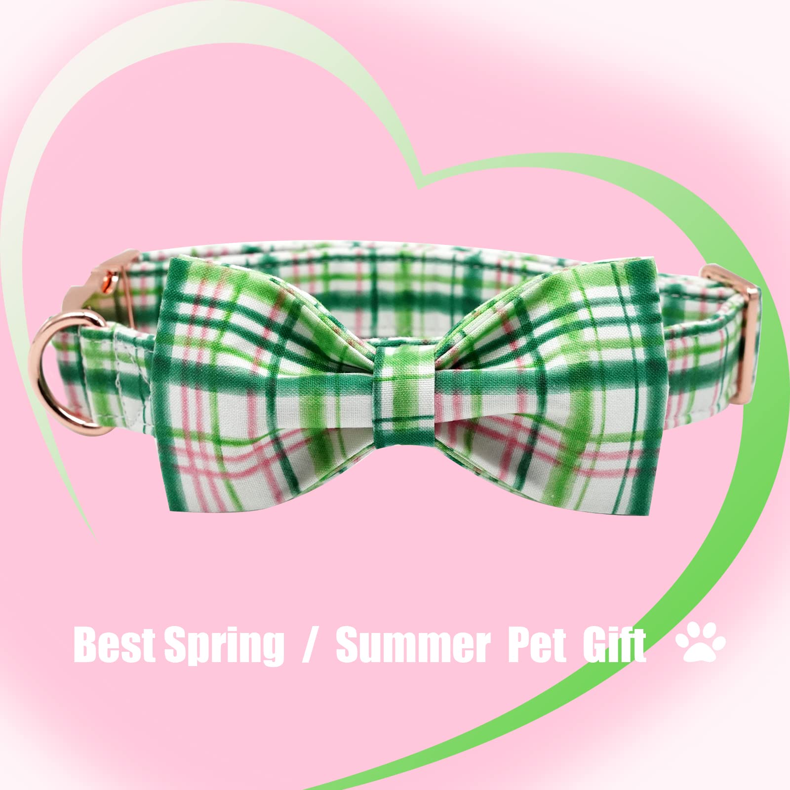 Elegant Bow Dog Collar with Adjustable Pink & Green Plaid Design - Cute Pet Collar for Small, Medium & Large Dogs | Perfect for Daily Walks, Pet Photos & Special Occasions