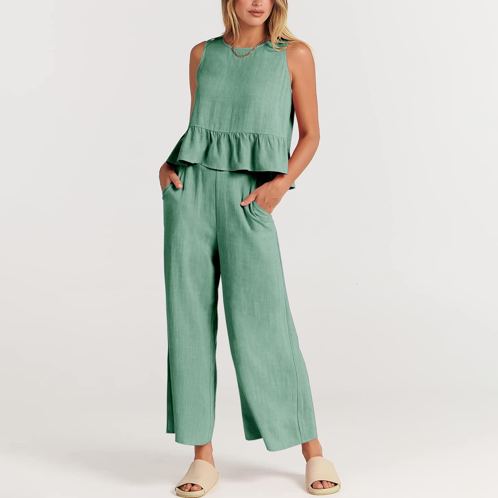 Women's 2 Piece Outfit Set - Summer Cotton Linen Sleeveless Blouse & Shorts Casual Floral Print Tracksuit | Clubwear, Lounge Wear, Beach Outfit in Mint Green