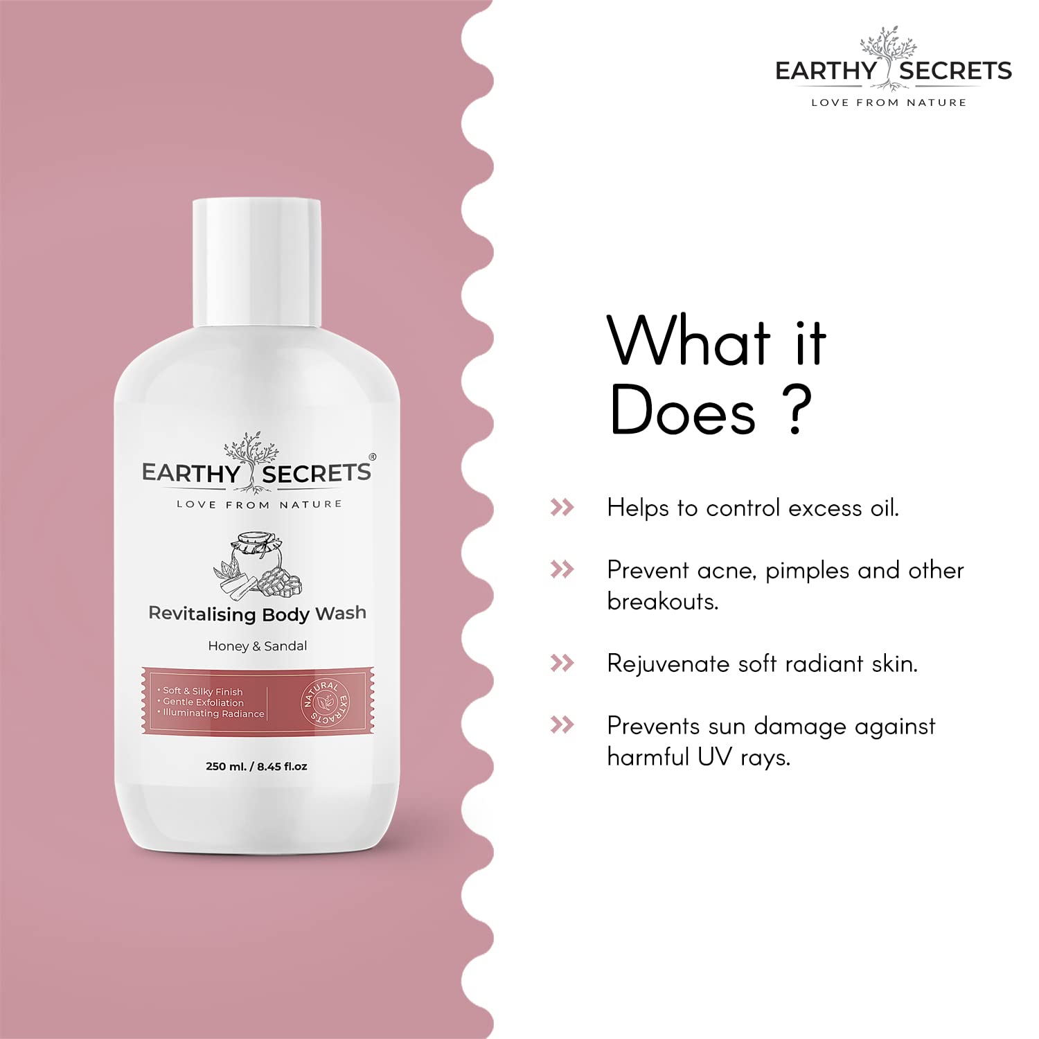 Earthy Secrets Honey & Sandalwood Revitalizing Body Wash - 250ml | Moisturizing, Gentle Exfoliation & Glowing Skin | Perfect for Daily Shower & Spa Relaxation