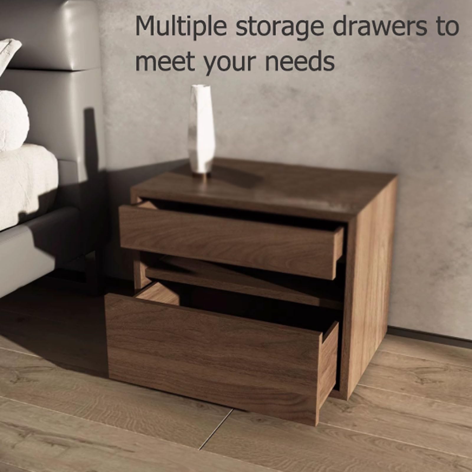 SOBOUR Minimalist Wood Nightstand with 2 Drawers - Slim Rectangular Bedside Table for Bedroom, Living Room & Office - Modern Storage Dresser for Small Spaces, Books, Lamps & Bedroom Essentials