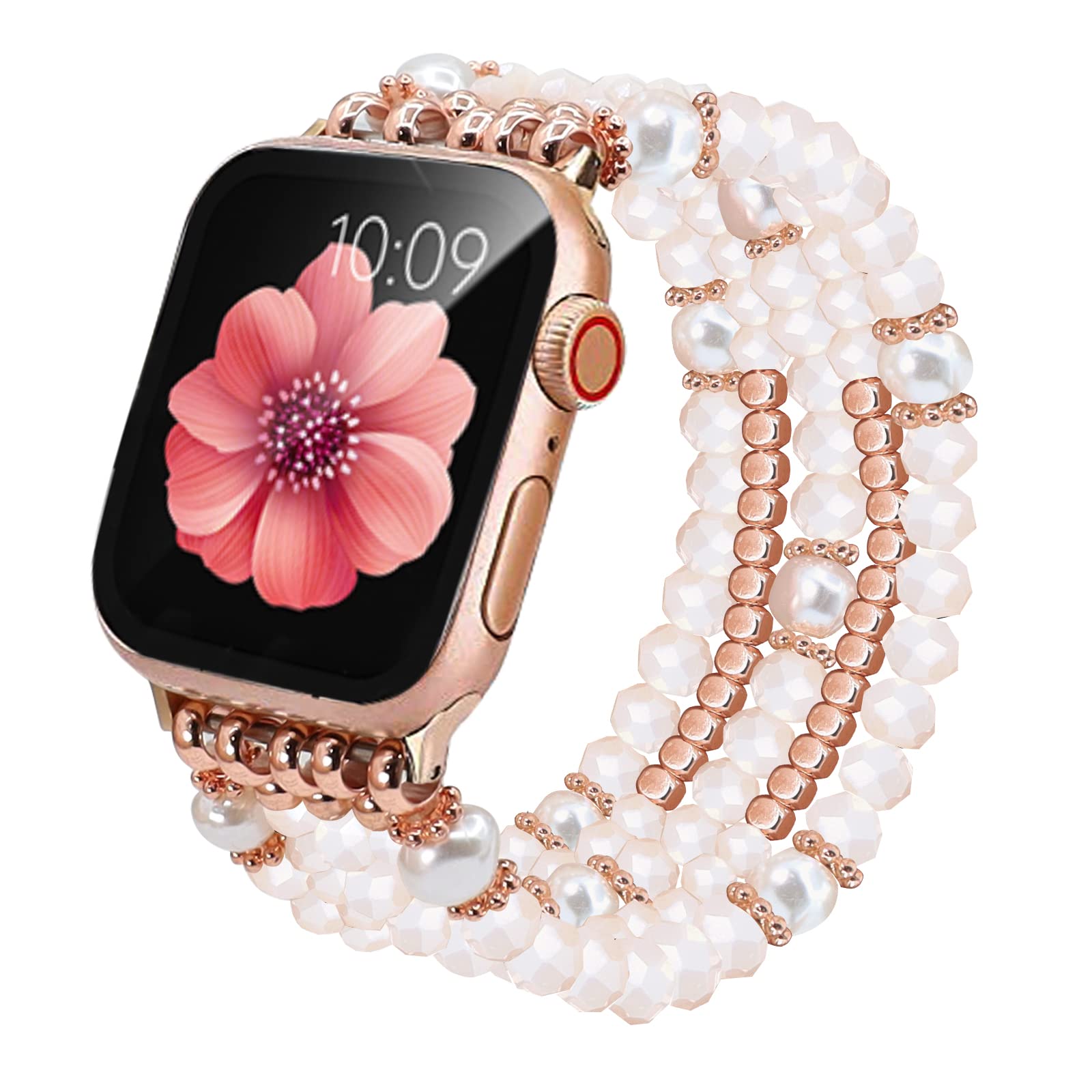 TOMMEIE Beaded Pearl Bracelet Compatible with Apple Watch 41mm 40mm 38mm 45mm 44mm 42mm 49mm - Fashion Elastic Stretch Band for Women - iWatch Ultra SE 8 7 & Series 6 5 4 3 2 1 - Perfect for Work, Parties & Everyday Wear