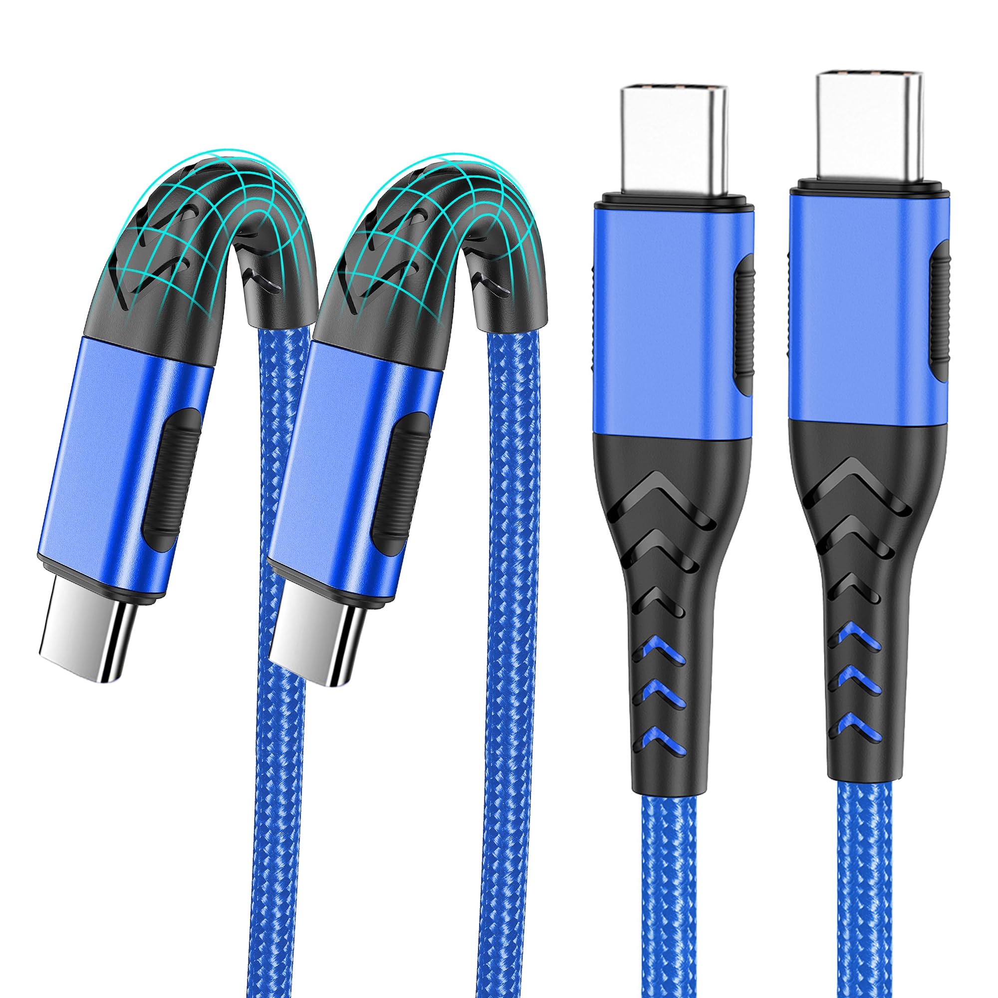 100W Fast Charging USB C to USB C Cable 2-Pack (10ft) - Durable Braided Type C Charger Cord Compatible with iPhone 15 Pro/Plus/Max, Android Phones & Tablets - Perfect for Home, Office & Travel Charging (Blue)