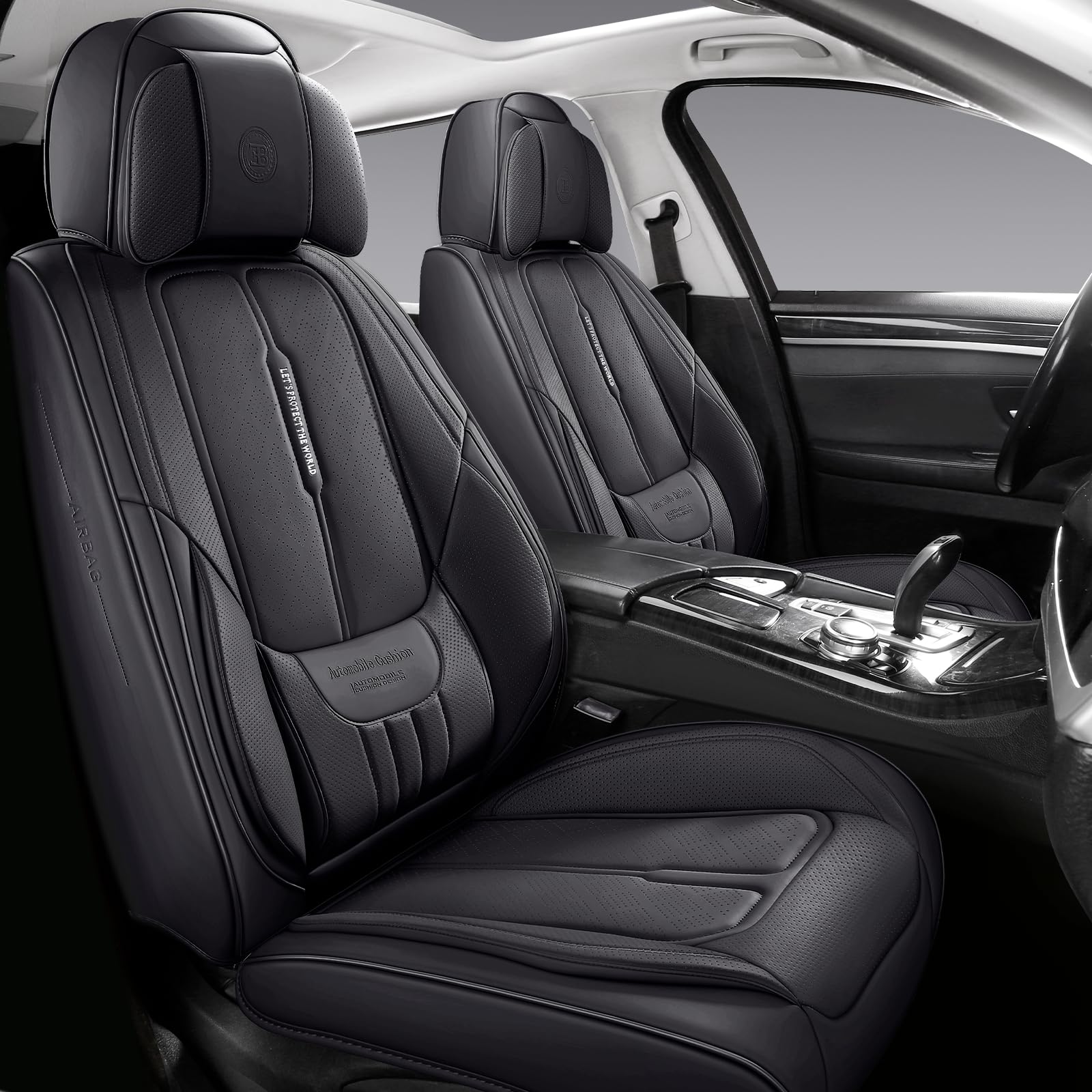 Premium Full-Grain Leather Car Seat Covers - Universal Fit for Cars, SUVs & Trucks | 2-Piece Front Seat Protectors with Cushion Support | Black Automotive Seat Covers for Comfort & Durability | Ideal for Daily Commute, Road Trips & Family Travel