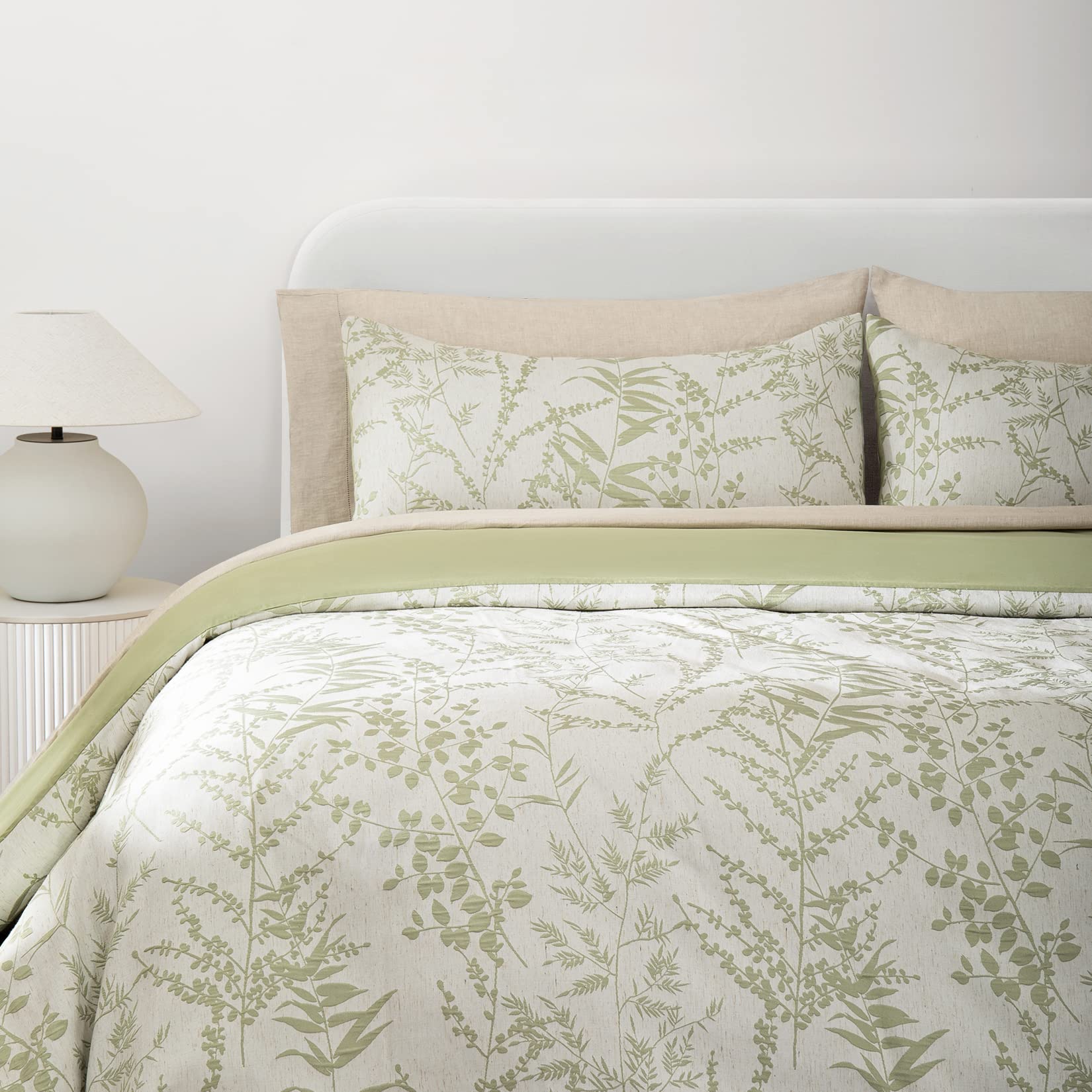 La Jolie Muse King Size Duvet Cover Set - 3 Piece 100% Cotton Bedding with Leafy Jacquard Pattern in Creamy White & Sage Green | 300 Thread Count Luxury Duvet Cover & Pillow Shams | Perfect for Master Bedroom, Guest Room & Cozy Home Decor