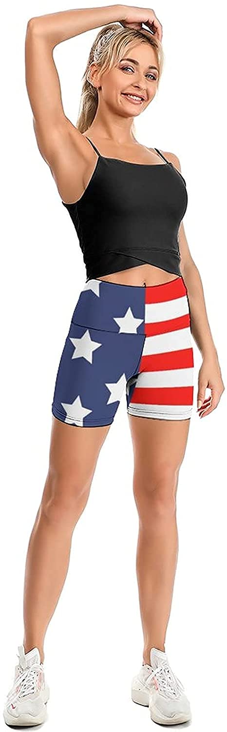 Women's High Waisted Yoga Shorts with USA Flag Design - Patriotic 4th of July Workout Shorts for Running, Biking & Cross Training | Perfect for Gym, Fitness & Outdoor Sports