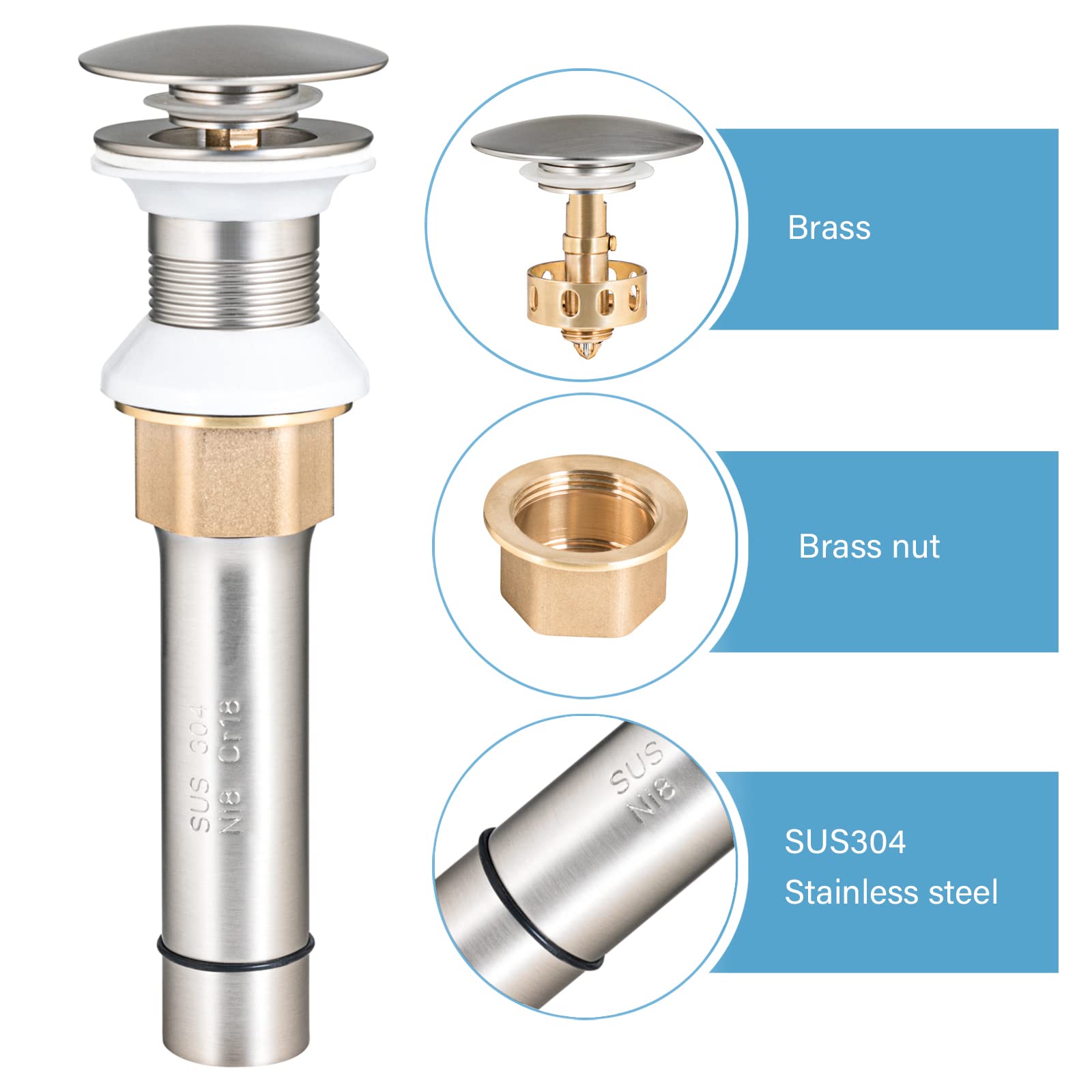 Brushed Nickel Bathroom Sink Drain Pop Up Stopper - Brass Strainer Basket, Anti-Clogging & Anti-Explosion Design for Bathroom Vanity or Utility Sink (No Overflow)