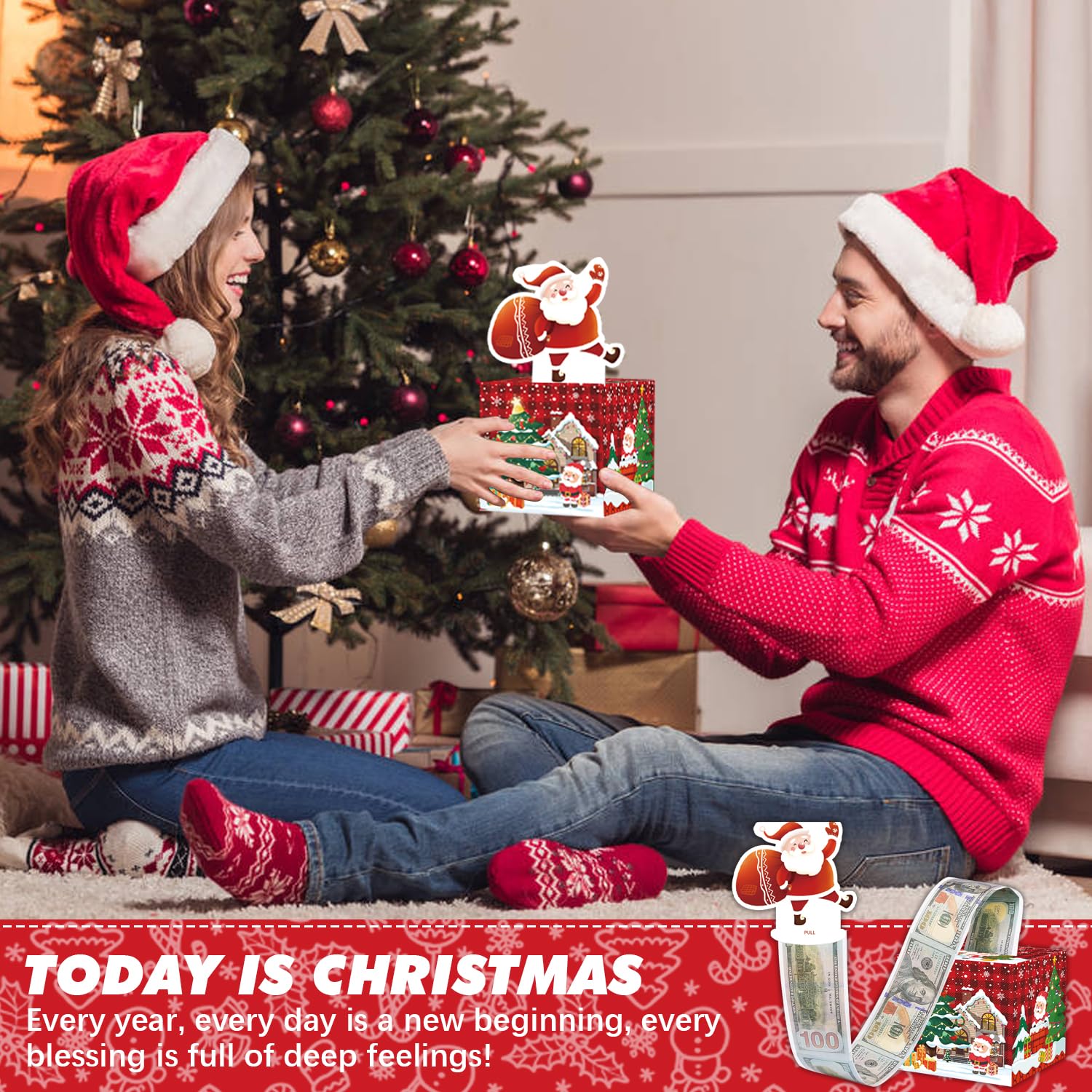 Quimoy Christmas Money Gift Box - Cash Present Box for Women, Men, Boys & Girls - Holiday Savings Box with Santa & Tree Design - Perfect for Christmas Gifting, Stocking Stuffers & Holiday Surprises