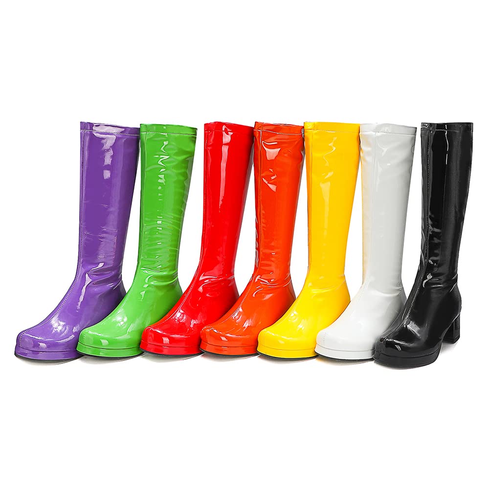 SO SIMPOK Women's Fashion Knee High Boots - Patent Leather Side Zip, Chunky Heel Go Go Boots for Party, Dress, Cosplay & Night Out (Green) | Stylish & Comfortable for Dancing, Halloween & Retro Outfits