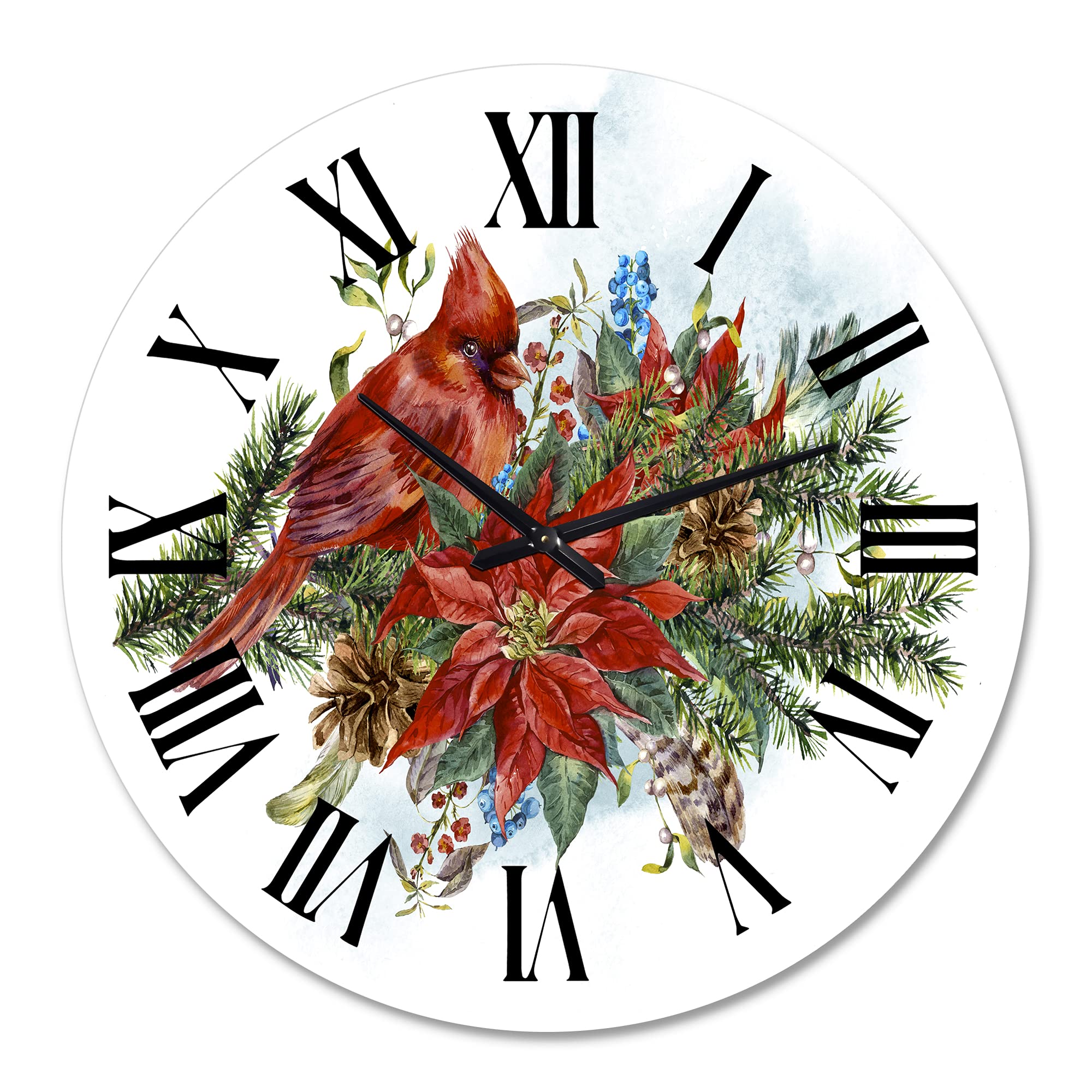 DesignQ Traditional Wall Clock 'Christmas Poinsettia and Red Cardinal Bird' - Large Decorative Wall Clock for Living Room, Bedroom & Office - Perfect Holiday Home Decor & Christmas Gift Idea