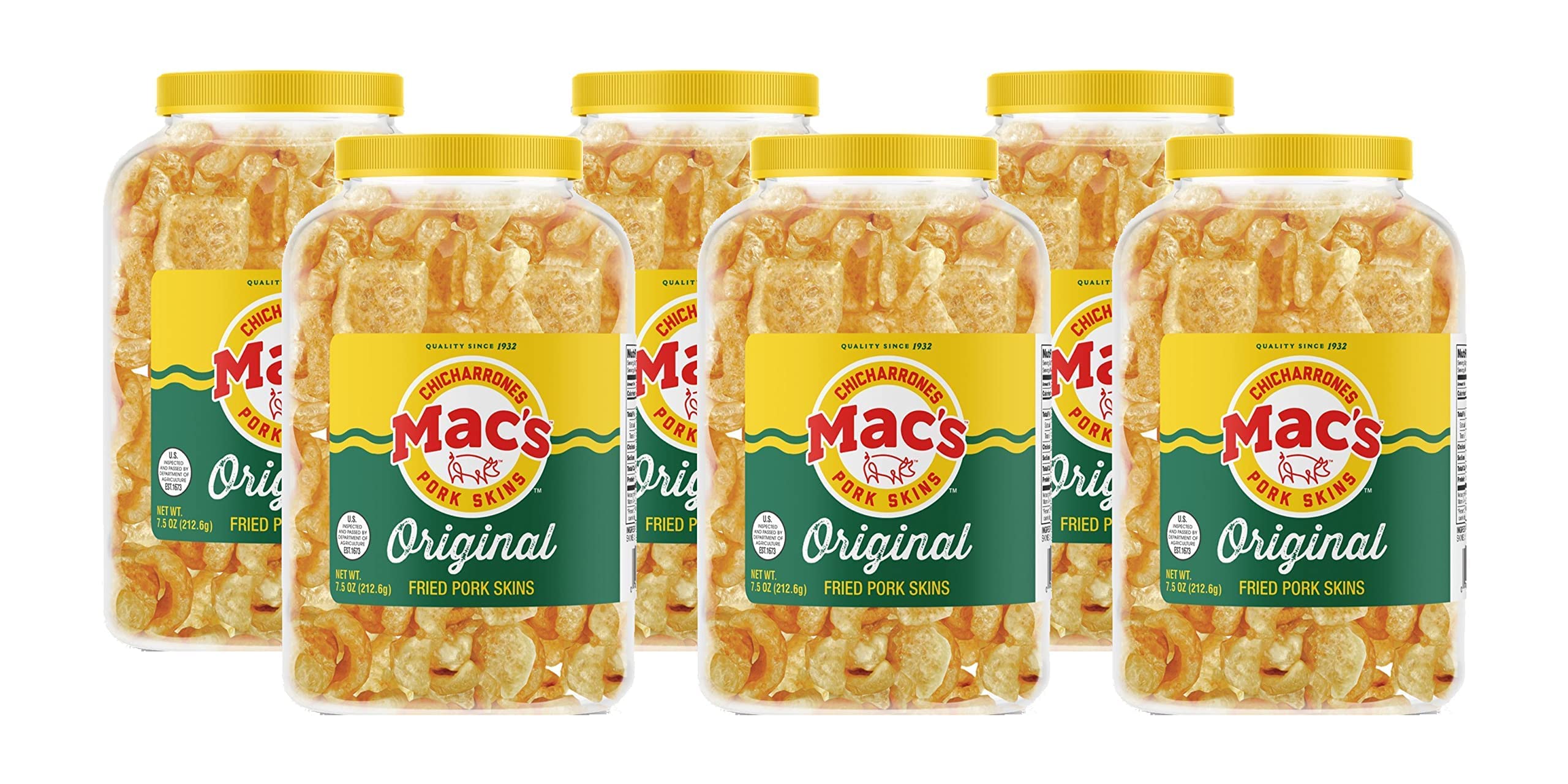 Mac's Original Pork Skin Canisters - Organic, Gluten Free, Zero Carb Keto-Friendly Snacks - 7.5oz (Pack of 6) - Perfect for Low-Carb Diet, Weight Loss & Healthy On-The-Go Snacking