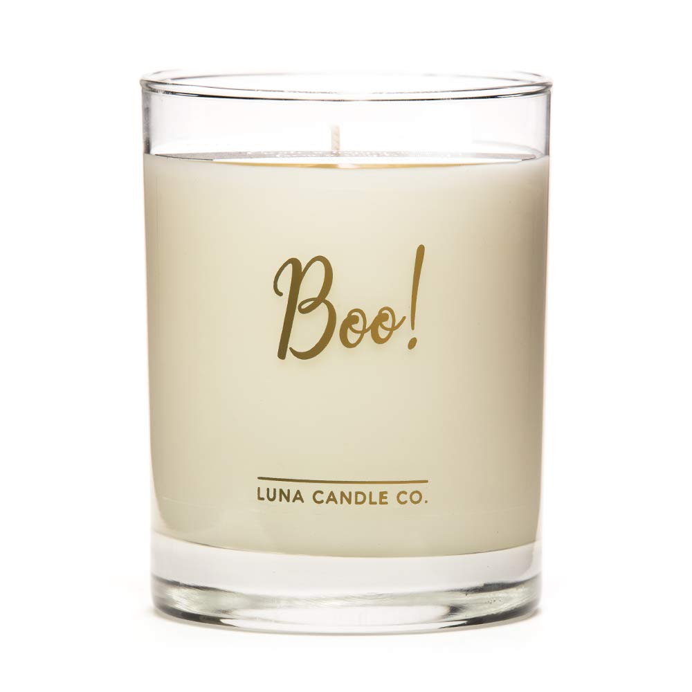 Halloween Decor Boo! Gold Script Scented Candle - 11oz Toasted Smores Aroma, Natural Soy Wax, Clean Burning for Home, Spa & Aromatherapy | Perfect for Fall Decor, Cozy Evenings & Gift Giving - Lune Candle Co.