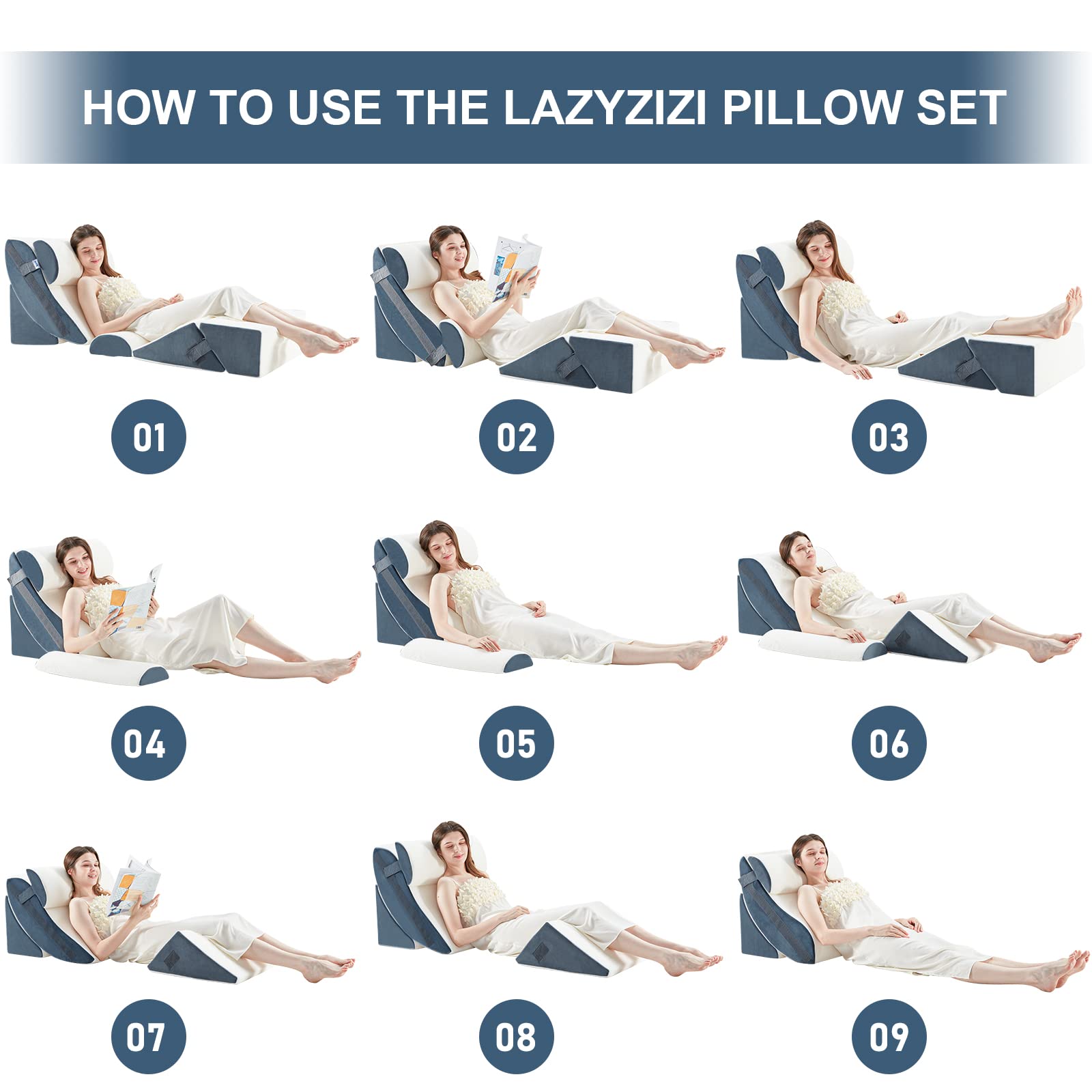 6-Piece Orthopedic Bed Wedge Pillow Set - Memory Foam Support for Back, Knee & Lumbar Pain Relief - Adjustable Anti-Snoring & Acid Reflux Pillow for GERD - Grey (Perfect for Sleeping, Post-Surgery Recovery & Reading in Bed)