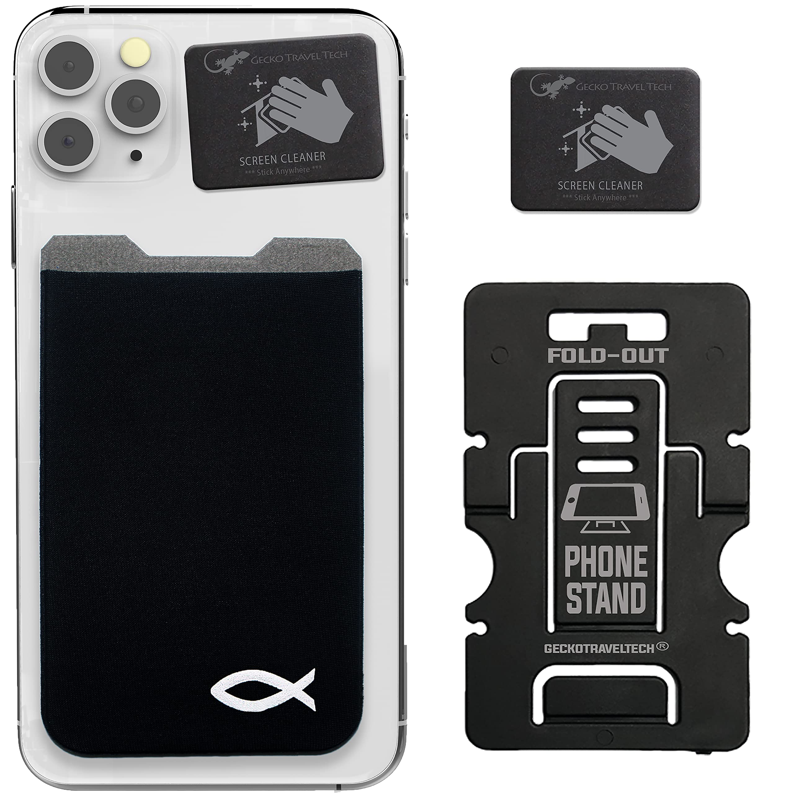 Gecko Adhesive Phone Wallet & Card Holder - Stick-On Lycra Pocket for Credit Cards & Cash - Multi-Functional Phone Stand - Perfect for Travel, Gym & Daily Use (Jesus Fish Design)