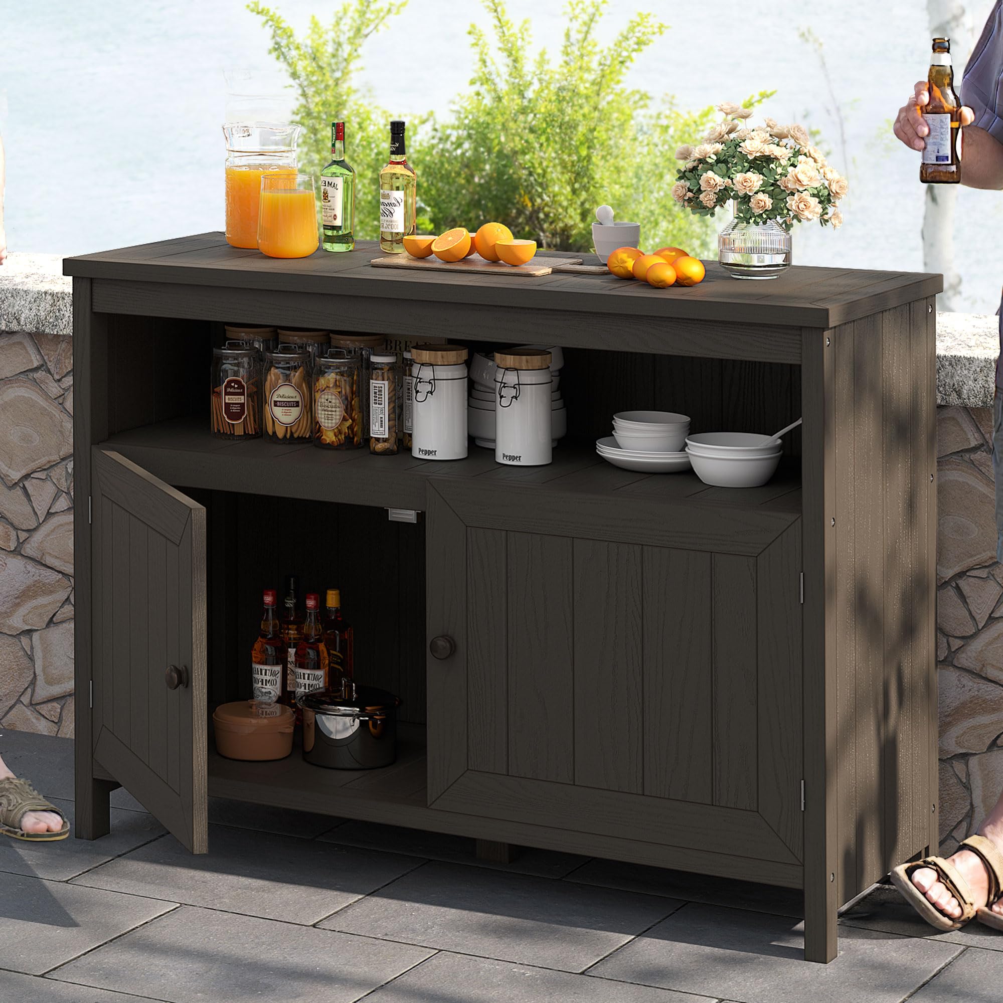 DWVO Poly Lumber Outdoor Sideboard - Weather Resistant Patio Bar Table with Storage Shelves, Espresso Cabinet for Poolside, Garden & Backyard Entertaining - Perfect for Outdoor Dining, BBQ Parties & Poolside Storage
