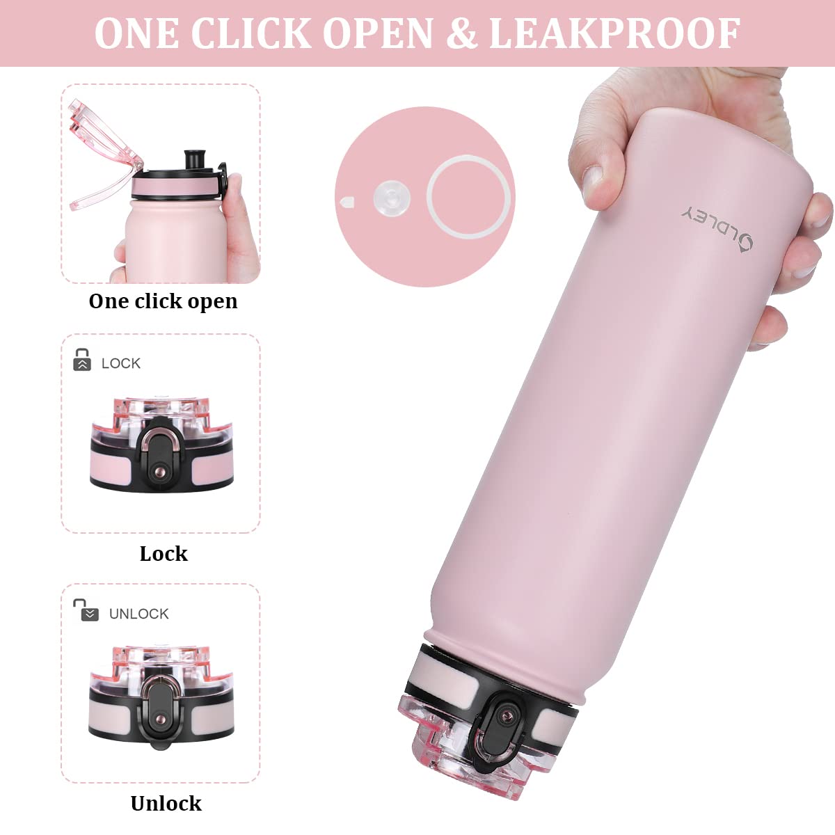 GOPPUS 32 oz Insulated Stainless Steel Water Bottle with Straw & Wide Mouth Lid - Double Wall Vacuum, Leakproof, Reusable Metal Sports Bottle with Strap (Pink, 3 Lids) - Perfect for Gym, Hiking, Running & Outdoor Activities