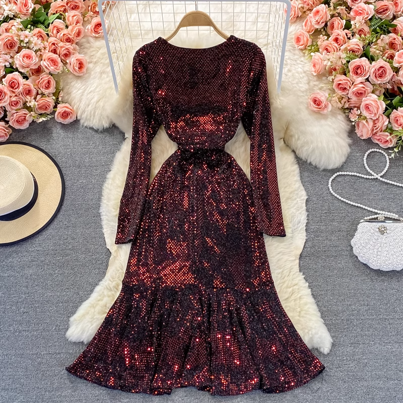 Elegant Autumn V-Neck Sequined Ruffled Mermaid Evening Dress for Women - Perfect for Holiday Parties, Prom, Wedding Guest & Special Occasions