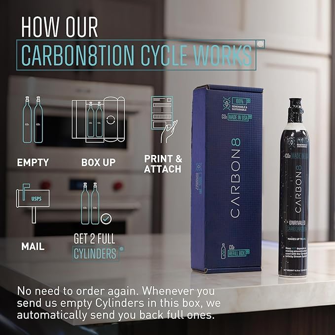 Carbon8 Sparkling Water Maker Machine - Home Soda Maker with Screw-In CO2 Carbonator, Countertop Mineral Water Dispenser for Sparkling & Seltzer Water (Includes CO2 Cylinder, Aluminum) - Perfect for Kitchen, Office & Home Bar Use