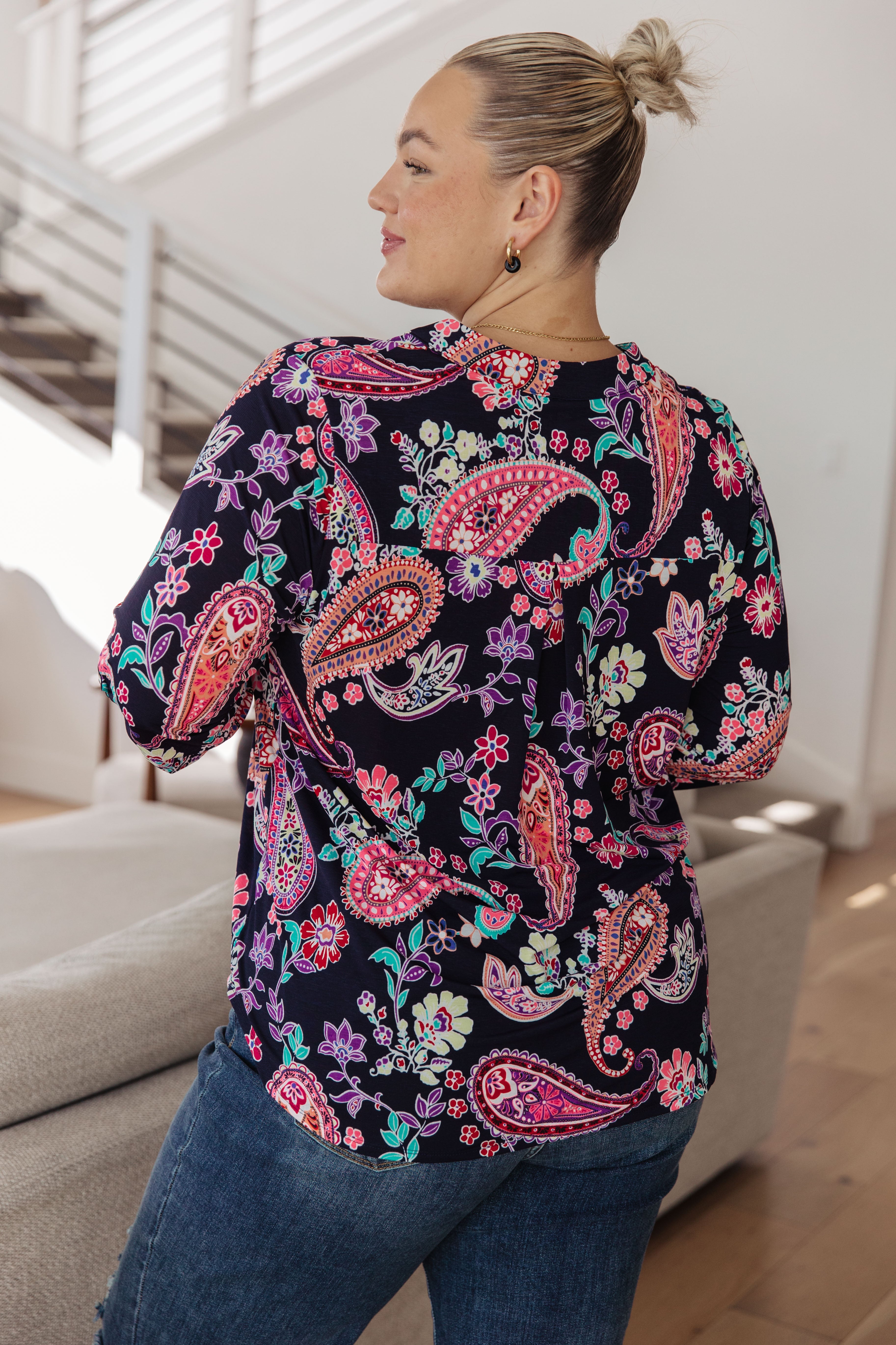 Lizzy Top Women's Navy Paisley Print Blouse - Casual & Office Wear, Perfect for Work, Date Night & Everyday Outfits