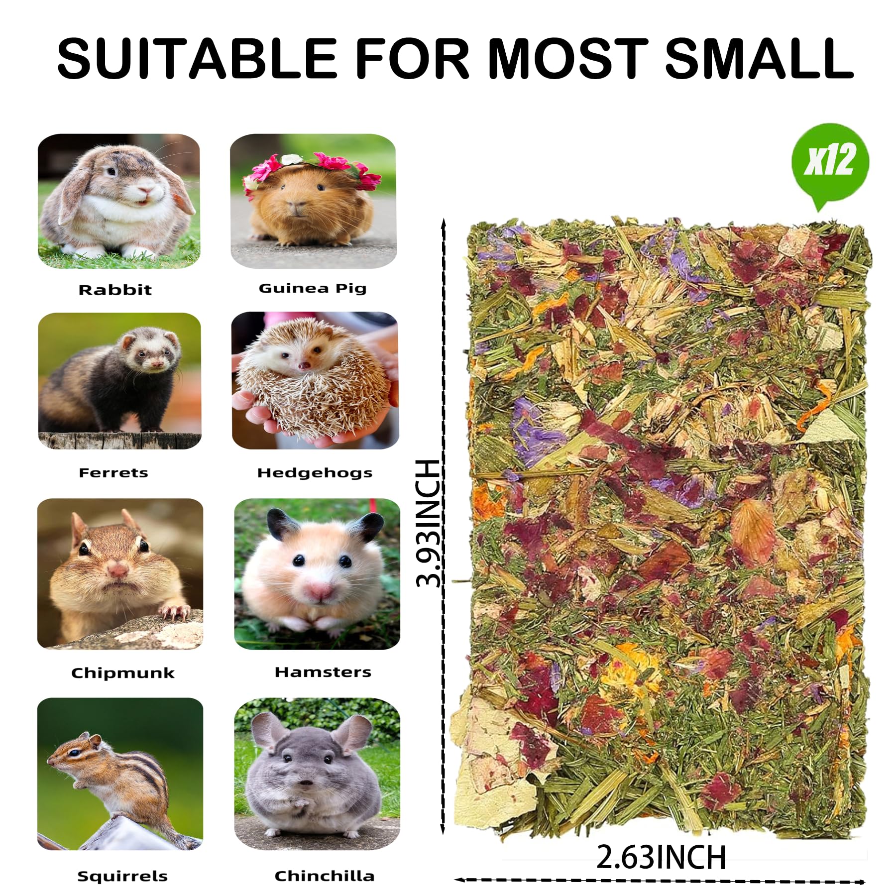 12pcs Rabbit Chew Toys for Small Pets - Bunny Guinea Pig Hamster Chinchilla Gerbil Treats with Timothy Hay & Herbal Flowers - Dental Care Snacks for Teeth Health - Perfect for Cage Enrichment & Playtime