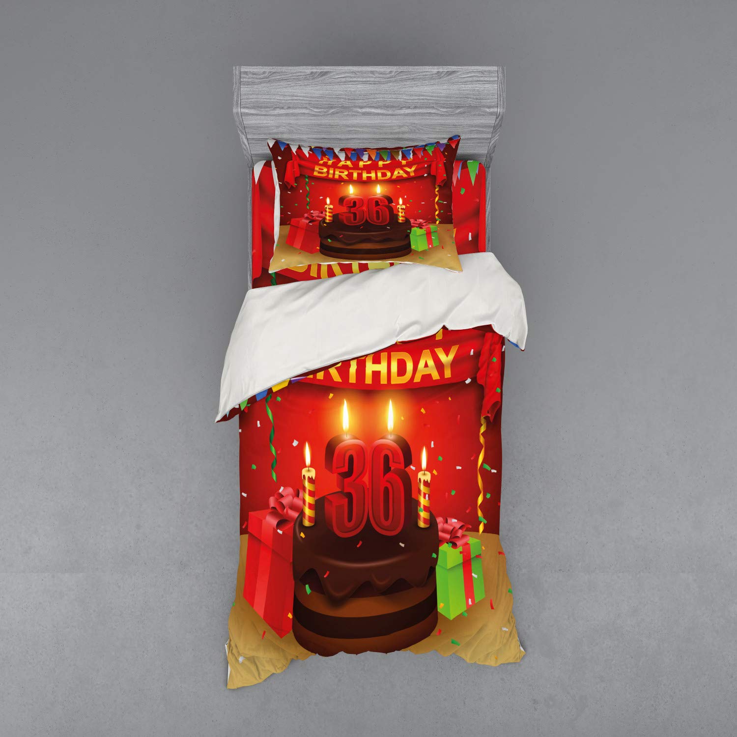 Ambesonne 36th Birthday Duvet Cover Set - 3 Piece Twin XL Bedding with Sham & Fitted Sheet - Celebration Party Design with Cake, Candles & Gifts - Red & Burgundy Happy Birthday Print - Perfect for Birthday Decorations & Guest Room Bedding