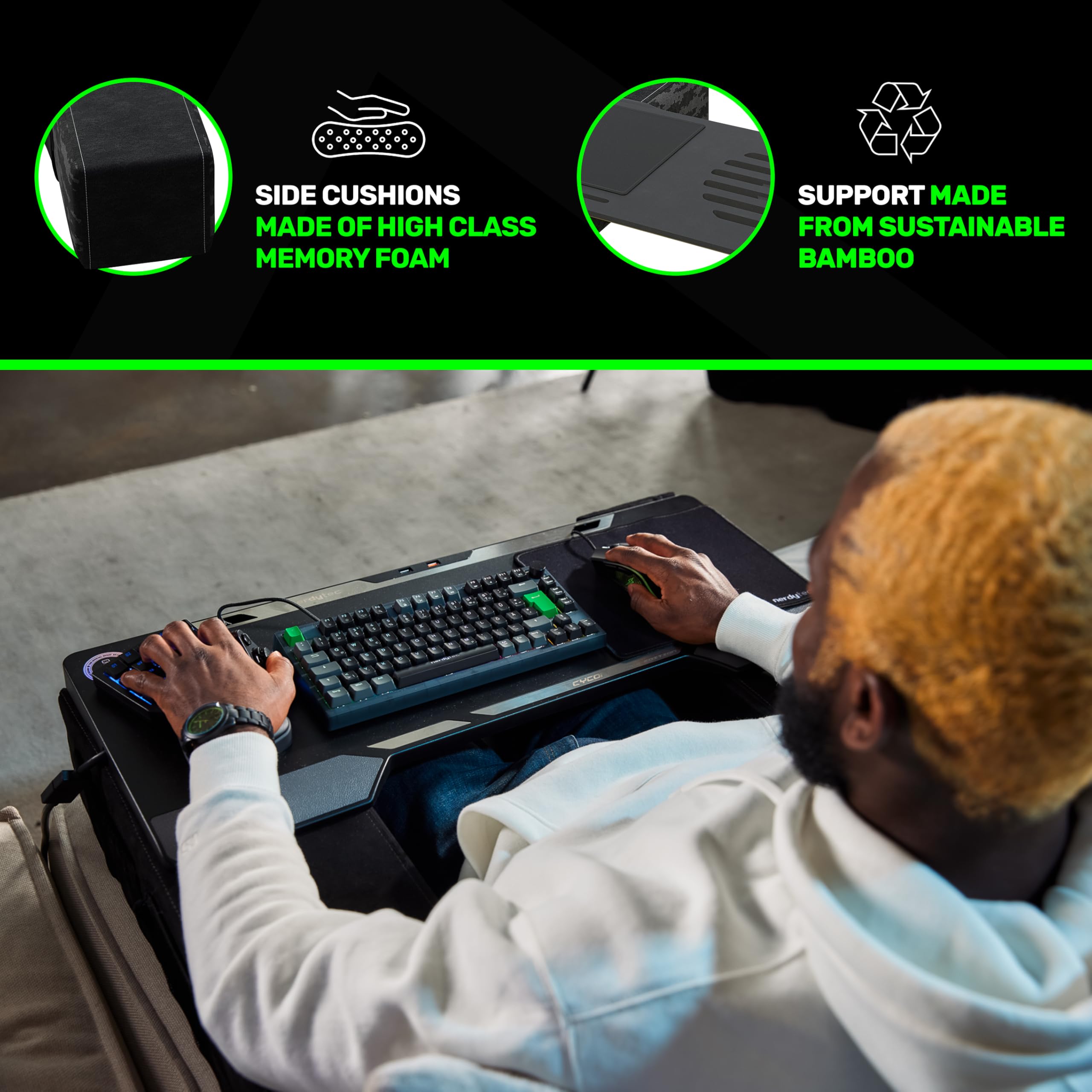 Premium Ergonomic Lap Desk for Laptops - Sustainable Bamboo & Kevlar Cushion - Ventilated Design Fits Up to 17-Inch Notebooks - Perfect for Home Office, Gaming & Bedroom Workspaces