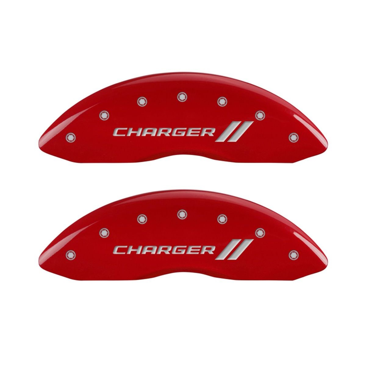 Set of 4 Front & Rear Caliper Covers with Stripes - Red & Silver Design for Car Brake Customization | Perfect for Dodge Charger & Muscle Car Enthusiasts