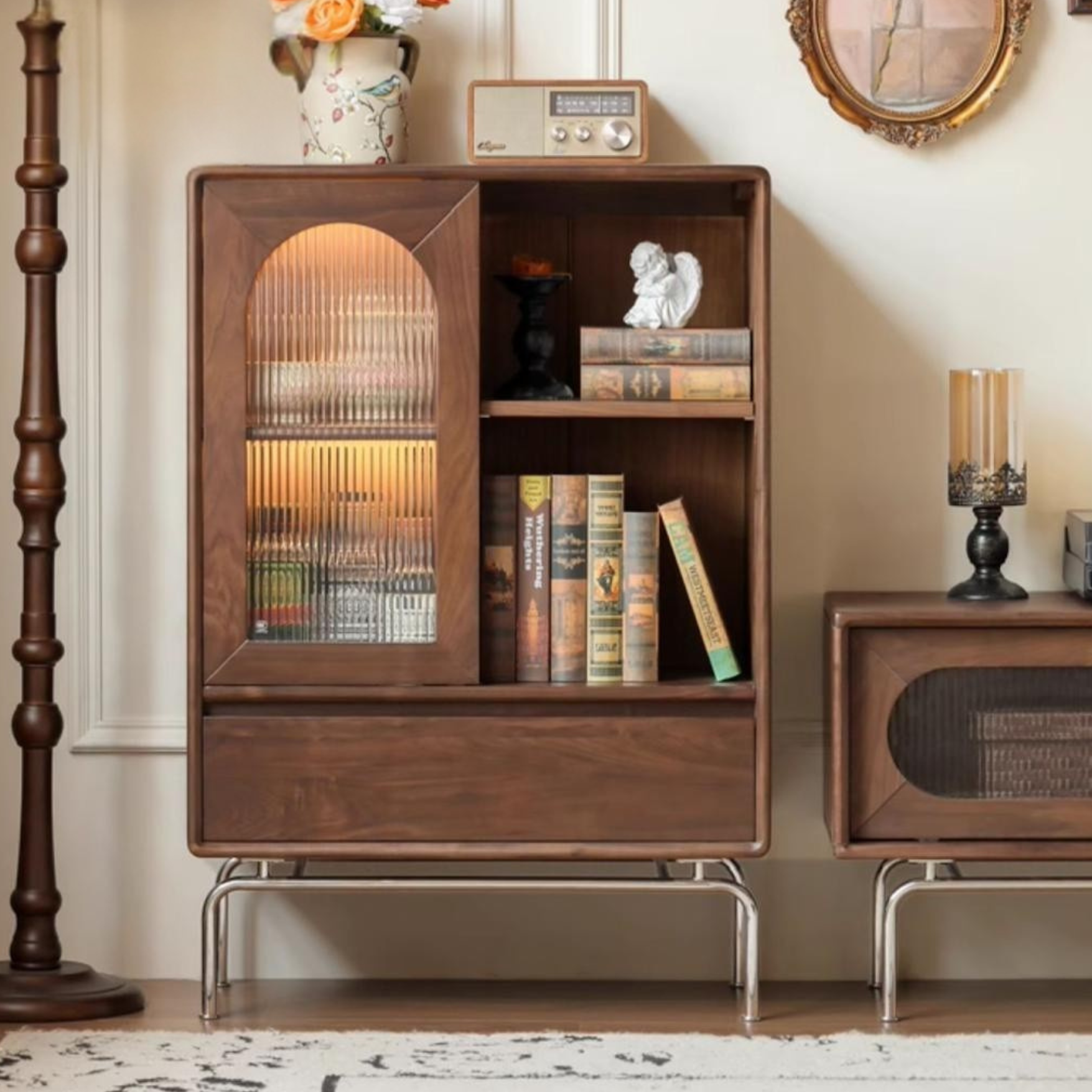 Black Walnut Solid Wood French Retro Side Cabinet - Vintage Bedroom Nightstand & Living Room Storage Furniture for Home Decor