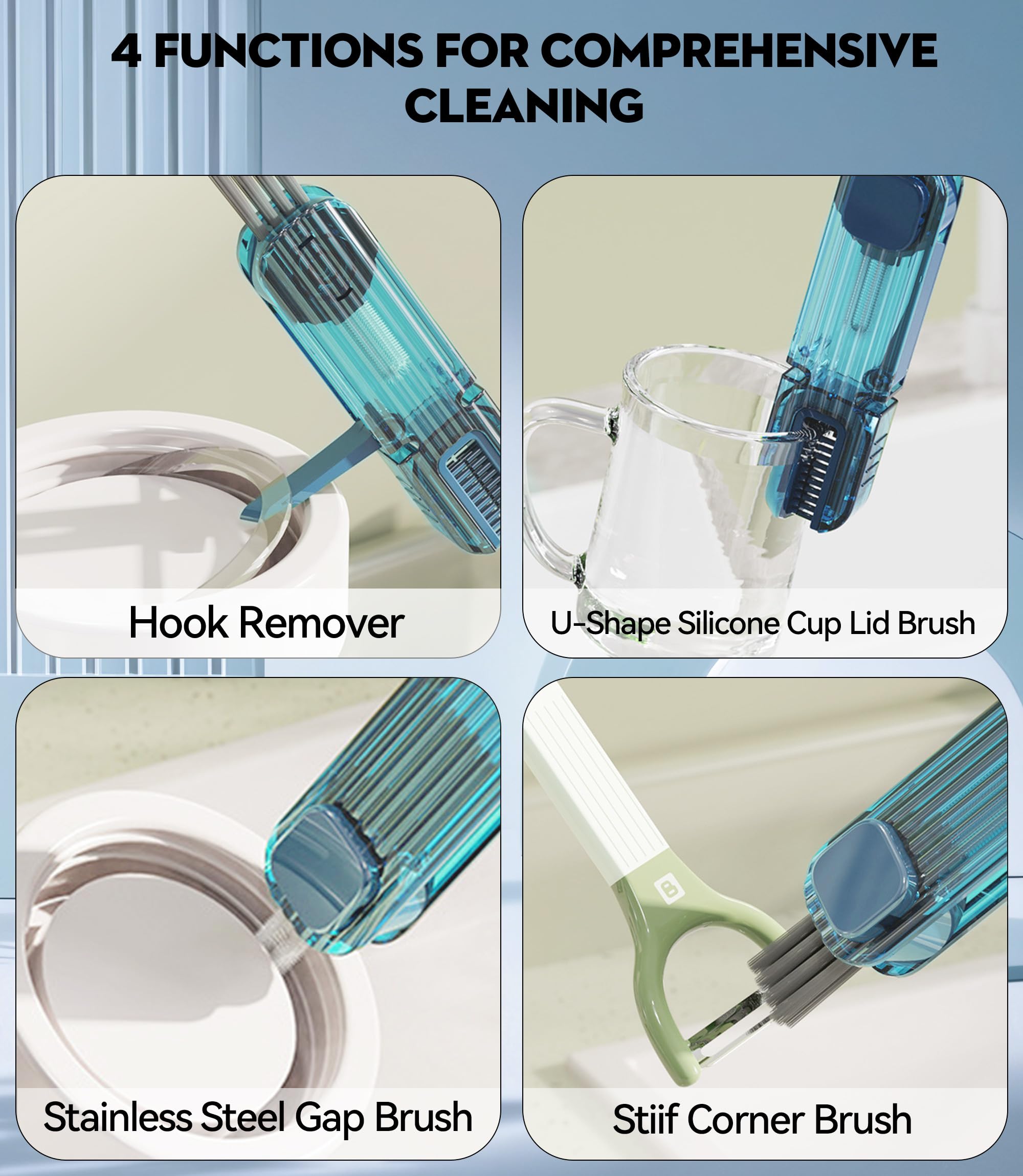 4-in-1 Cup Lid Cleaning Brush - Multipurpose Silicone Cleaner for Bottles & Kitchen Use