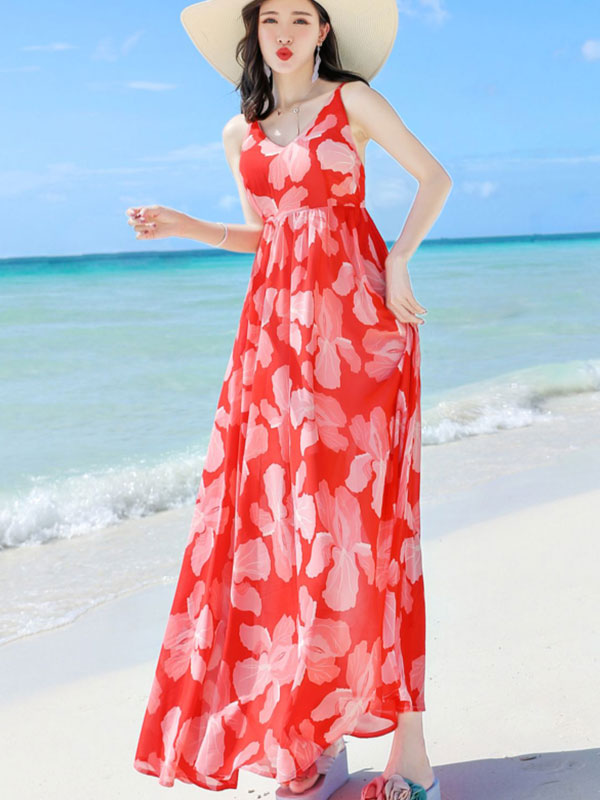 Red Floral Maxi Beach Dress with Self Tie - Summer Vacation Cover Up, Boho Chic Sundress for Women, Perfect for Beach Parties, Tropical Getaways & Poolside Lounging