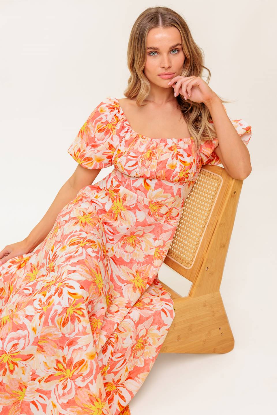 Island Flowers Puff Sleeve Midi Dress in Coral - Perfect for Summer Beach Vacations, Garden Parties & Boho Chic Outfits