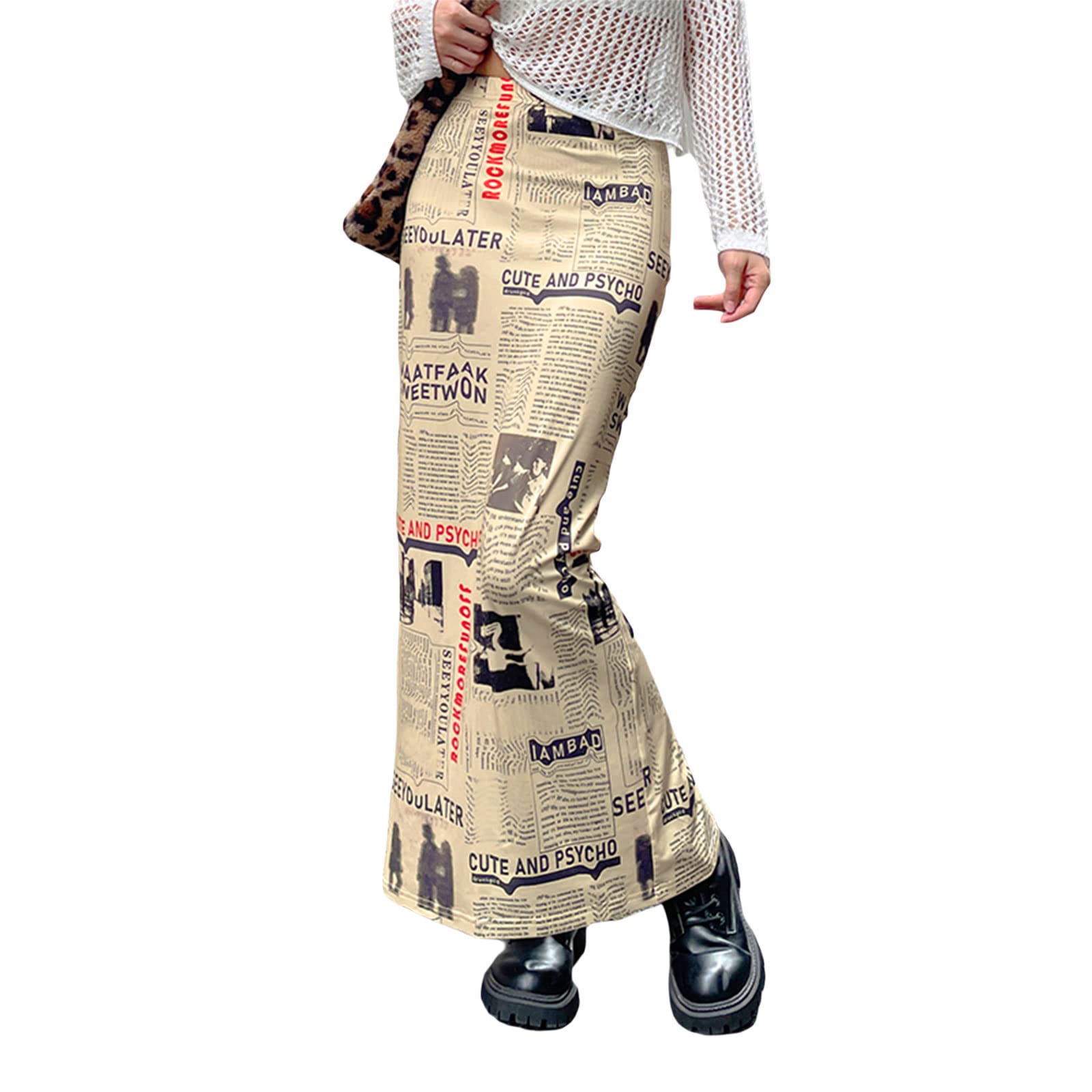 Vintage Newspaper Print High Waist Bodycon Long Skirt for Women - Sexy Y2K Party Clubwear, Perfect for Night Out, Date Night & Retro Fashion Outfits