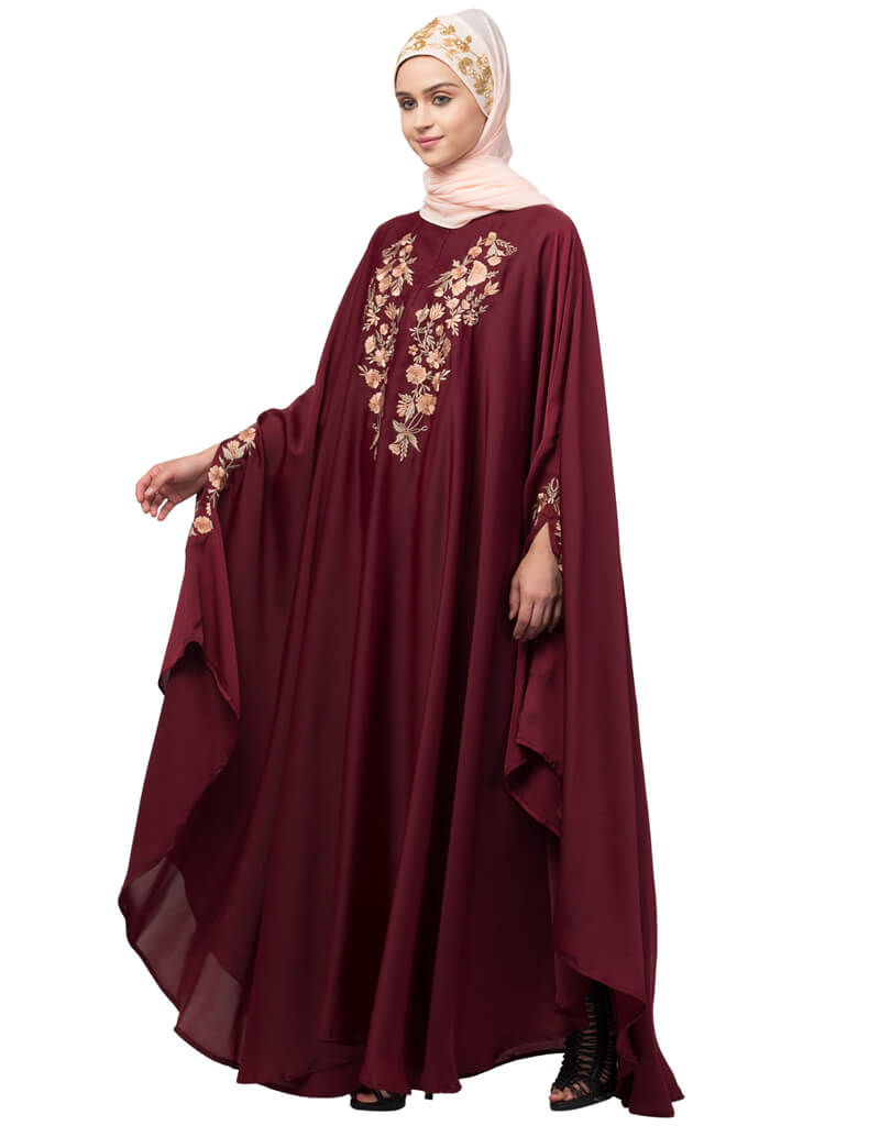 Elegant Arabic Embroidered Irani Kaftan - Maroon Neck & Sleeve Design | Perfect for Eid, Weddings & Special Occasions