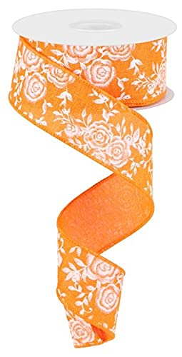 Mini Rose Wired Edge Ribbon - 1.5 Inch x 10 Yards Orange Floral Craft Ribbon for Gift Wrapping, Wedding Decorations & DIY Scrapbooking